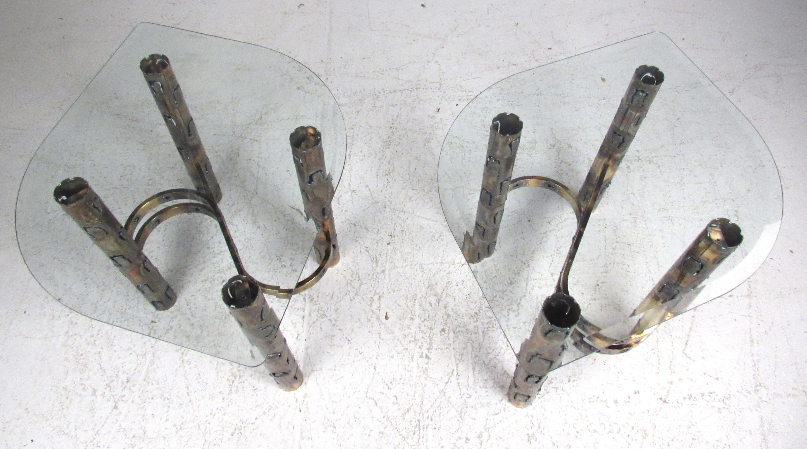 Brutalist Torch Cut Brass Table Set with Glass Tops For Sale 3