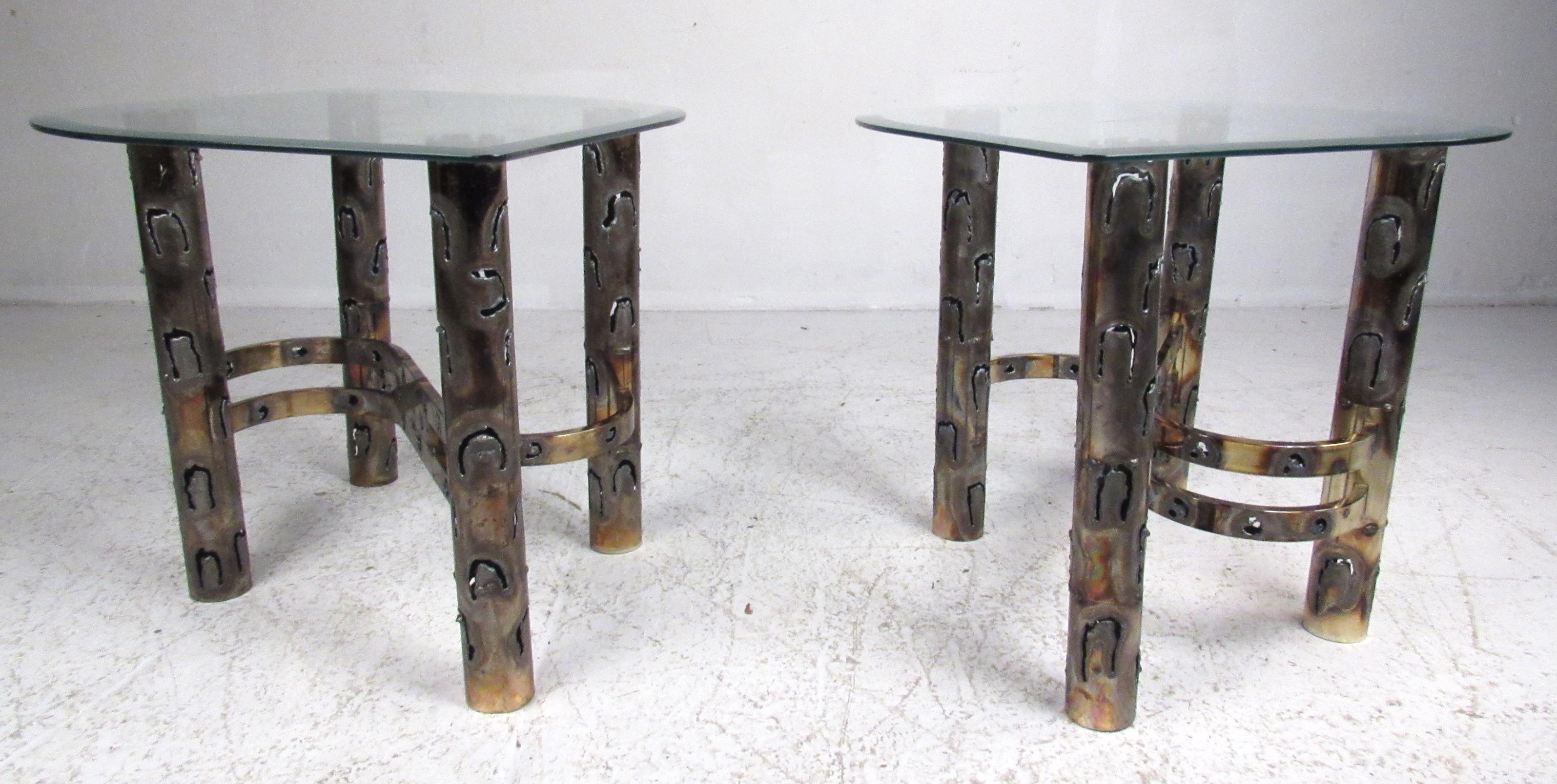 Brutalist Torch Cut Brass Table Set with Glass Tops For Sale 4