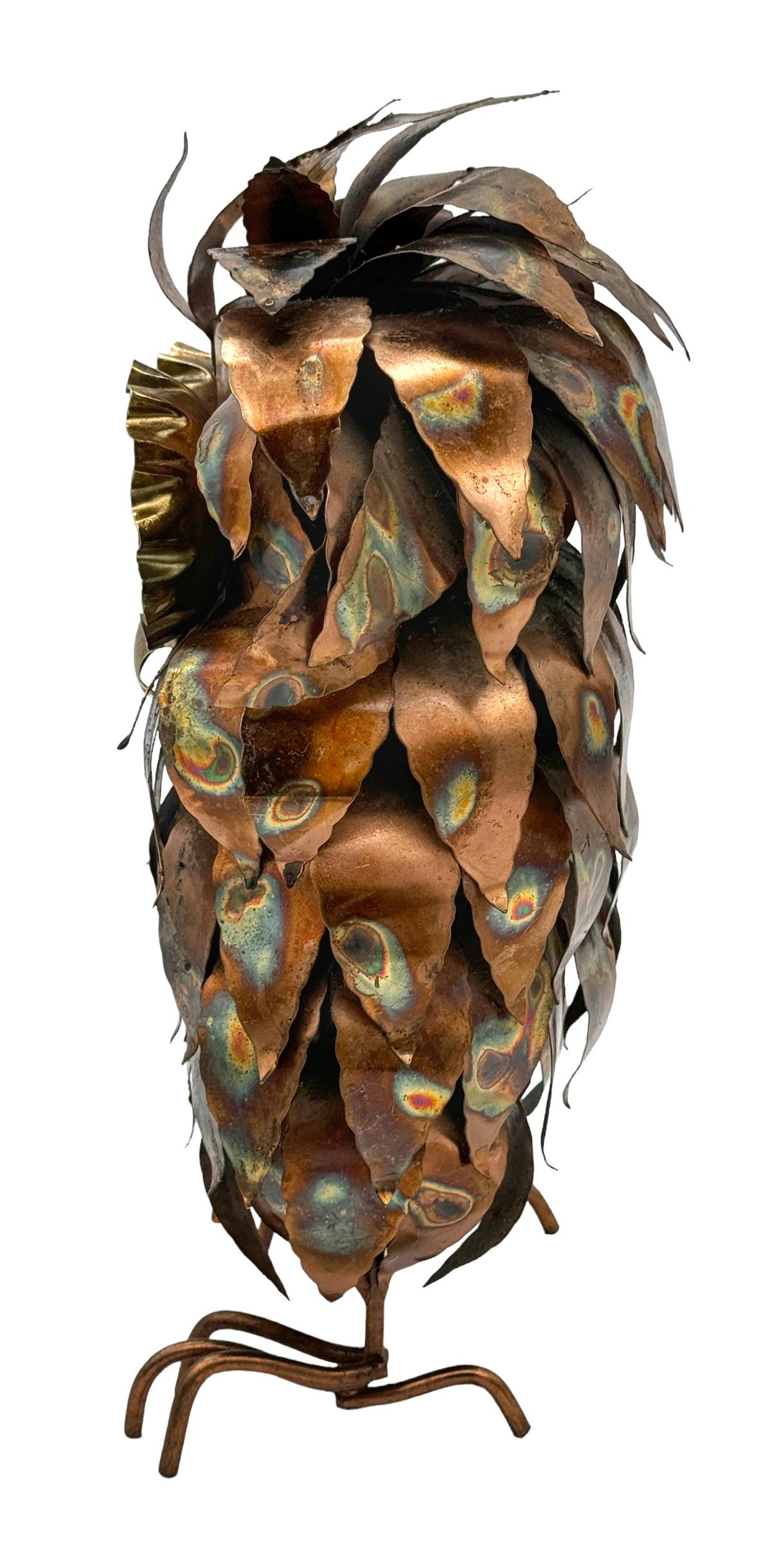  Brutalist Torch Cut Copper & Brass Owl, Style of Curtis Jere In Good Condition For Sale In West Palm Beach, FL