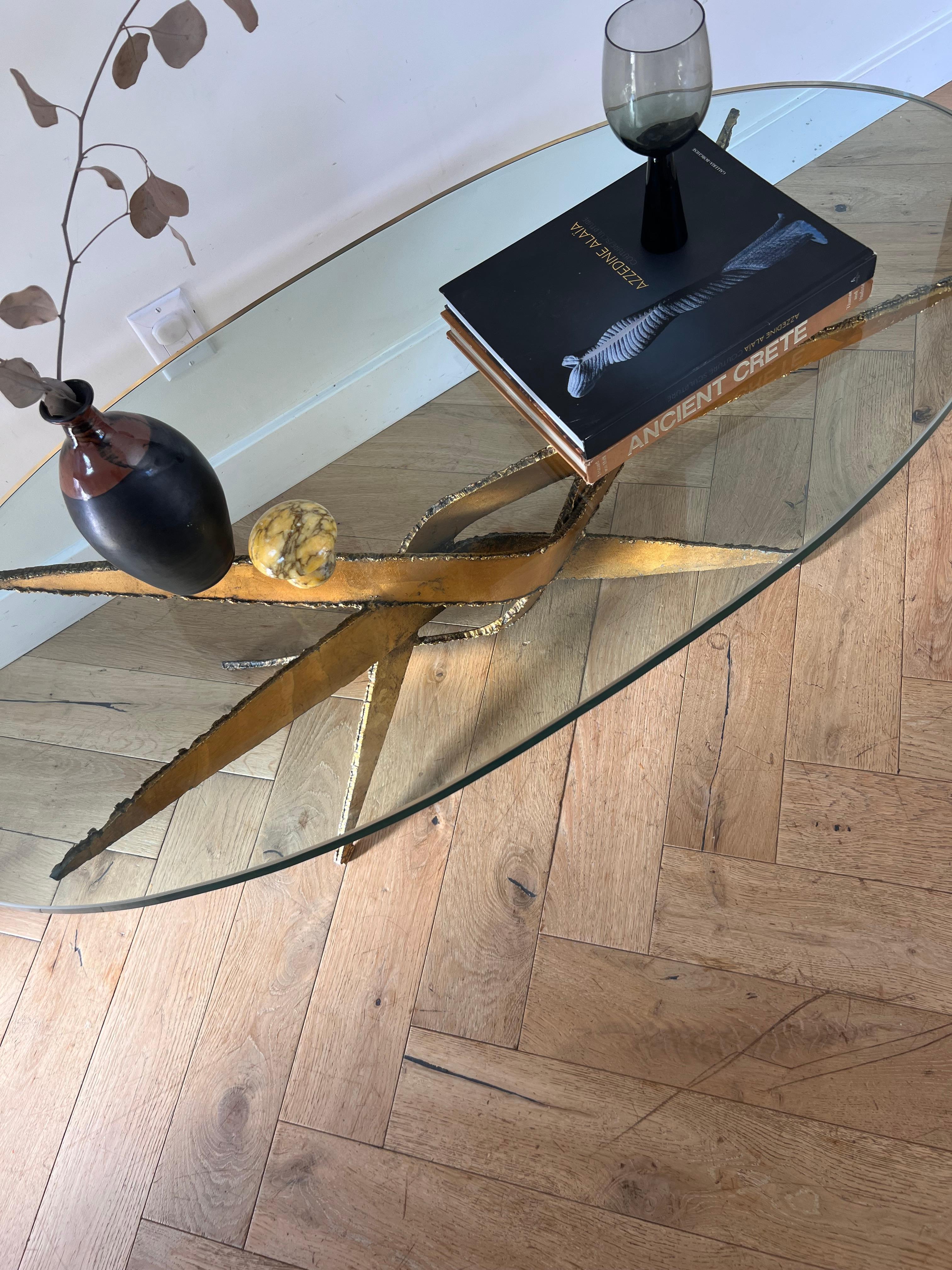 Brutalist torch-cut metal and glass coffee table after Silas Seandel, circa 1970 2
