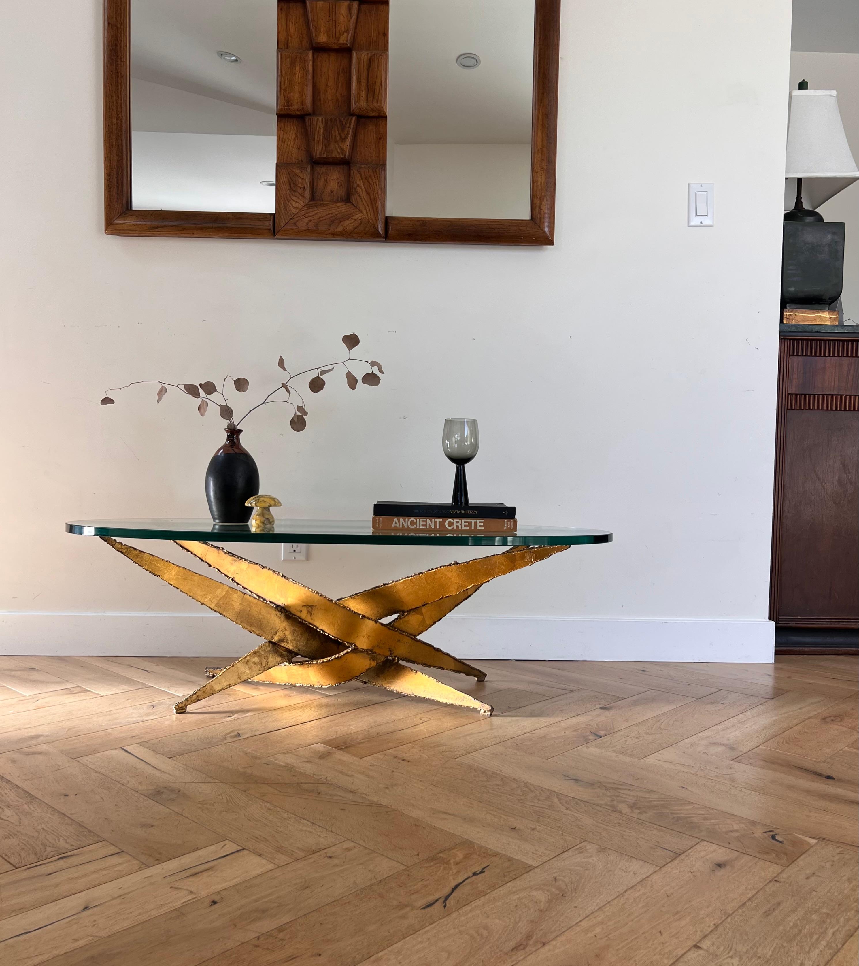Brutalist torch-cut metal and glass coffee table after Silas Seandel, circa 1970 4