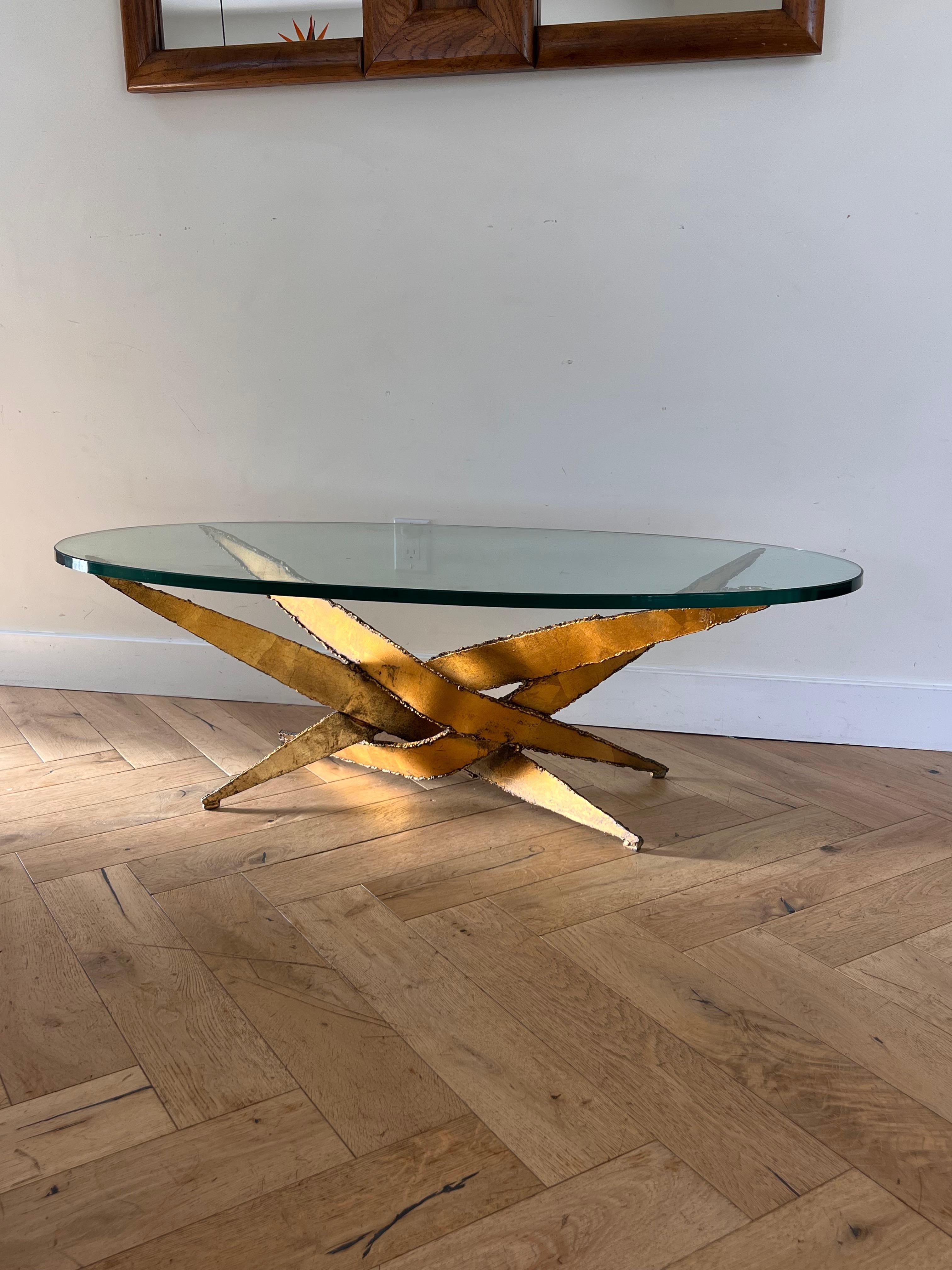 Brutalist torch-cut metal and glass coffee table after Silas Seandel, circa 1970 5