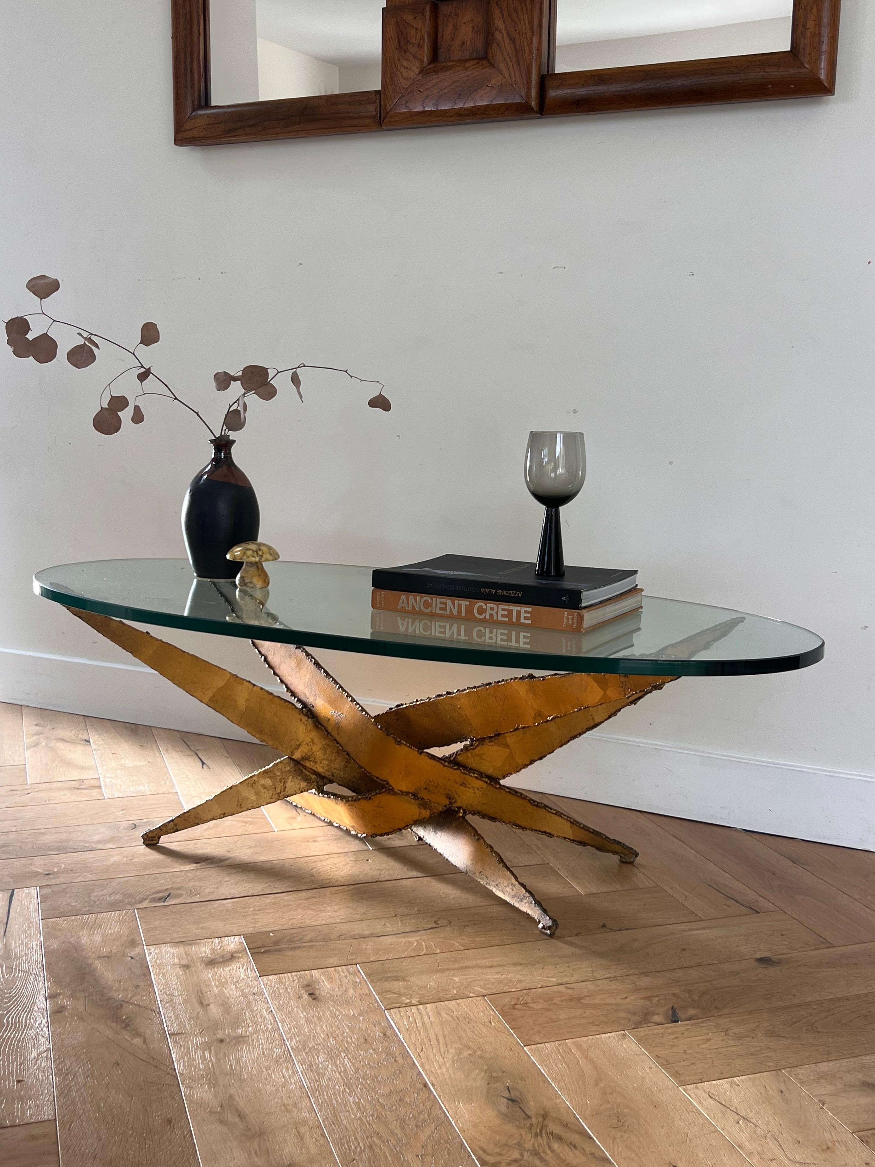 Brutalist torch-cut metal and glass coffee table after Silas Seandel, circa 1970 7