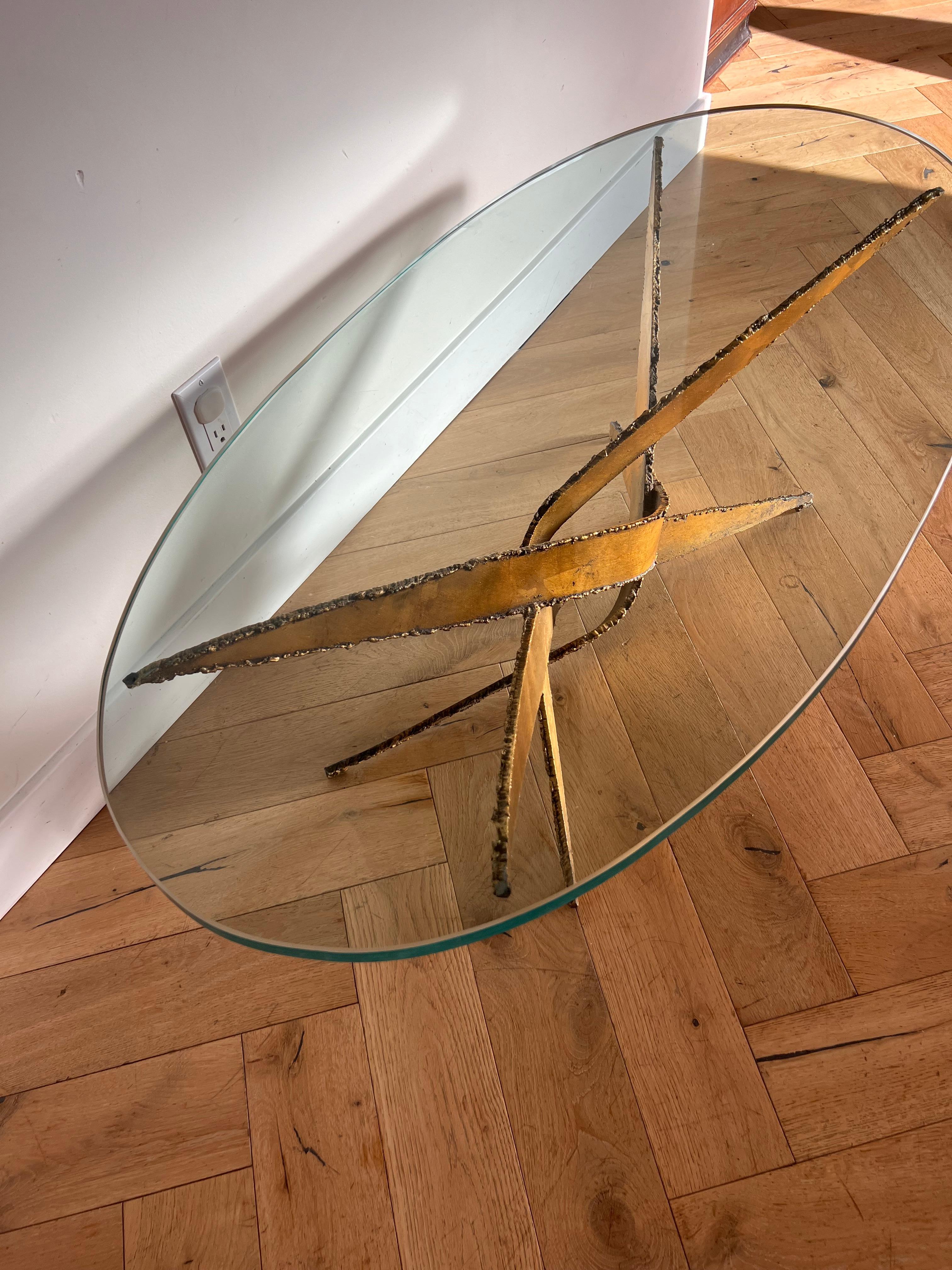 Brutalist torch-cut metal and glass coffee table after Silas Seandel, circa 1970 9