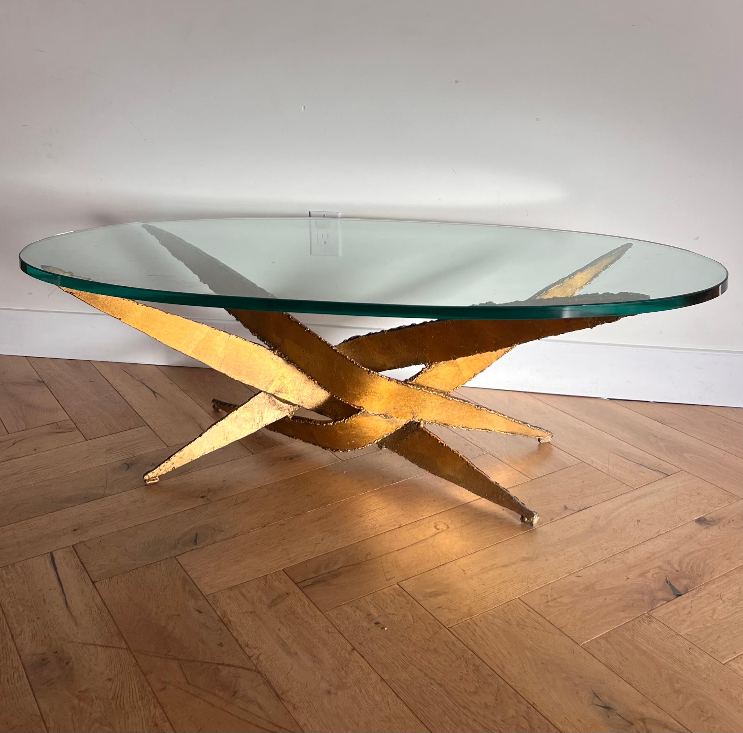 Brutalist torch-cut metal and glass coffee table after Silas Seandel, circa 1970 10