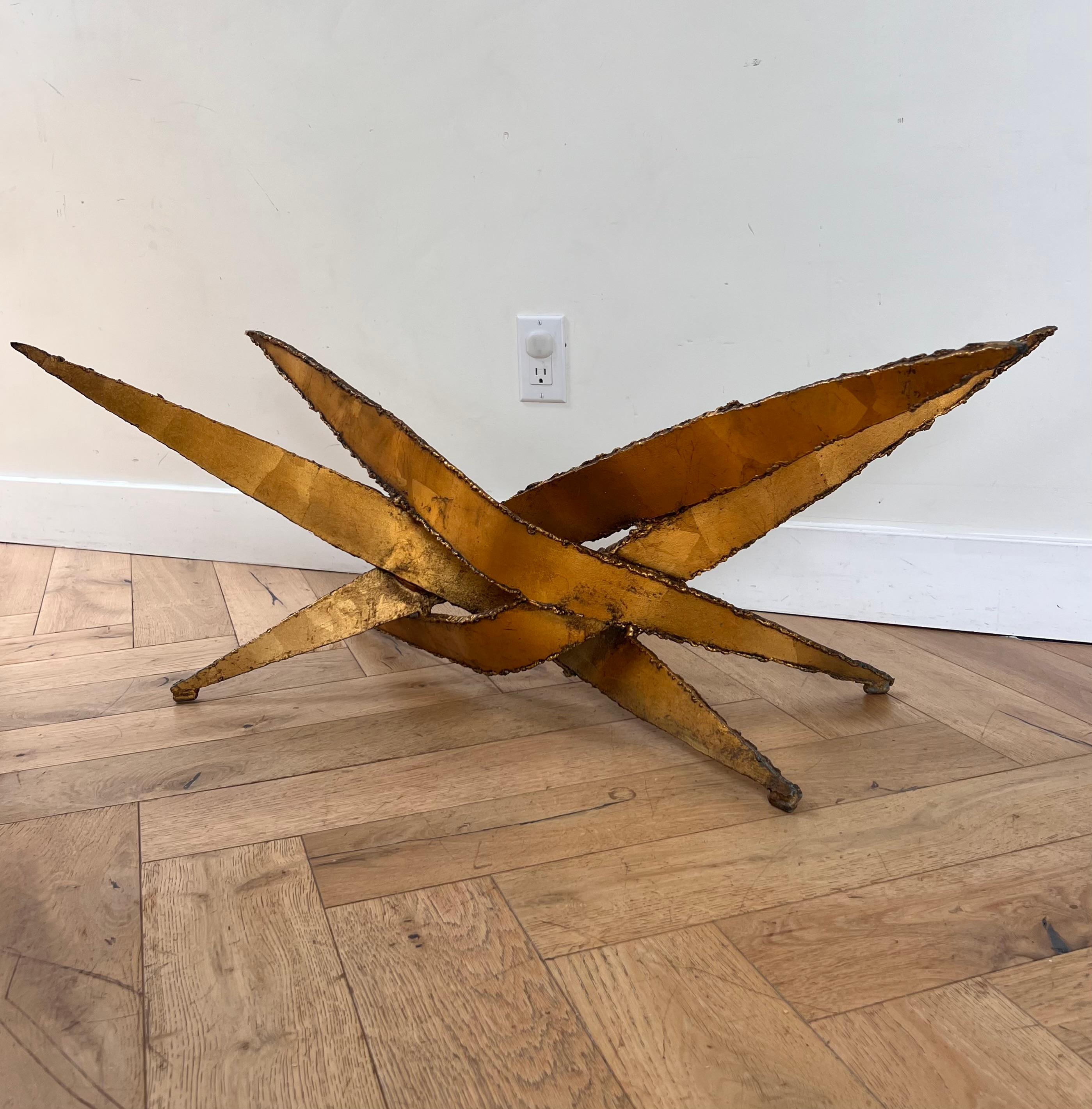 Brutalist torch-cut metal and glass coffee table after Silas Seandel, circa 1970 11