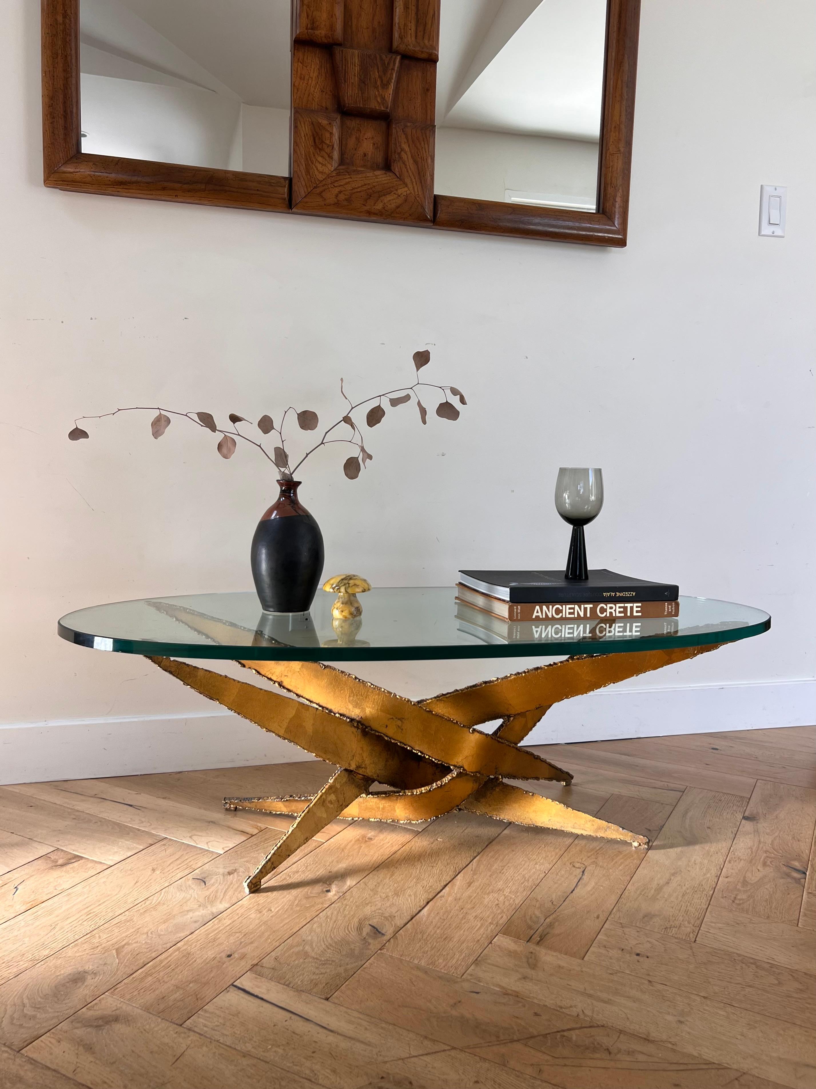North American Brutalist torch-cut metal and glass coffee table after Silas Seandel, circa 1970