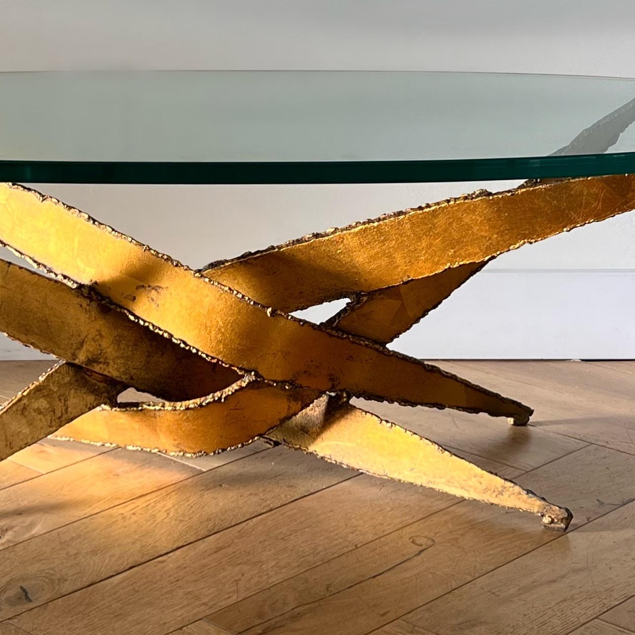 20th Century Brutalist torch-cut metal and glass coffee table after Silas Seandel, circa 1970