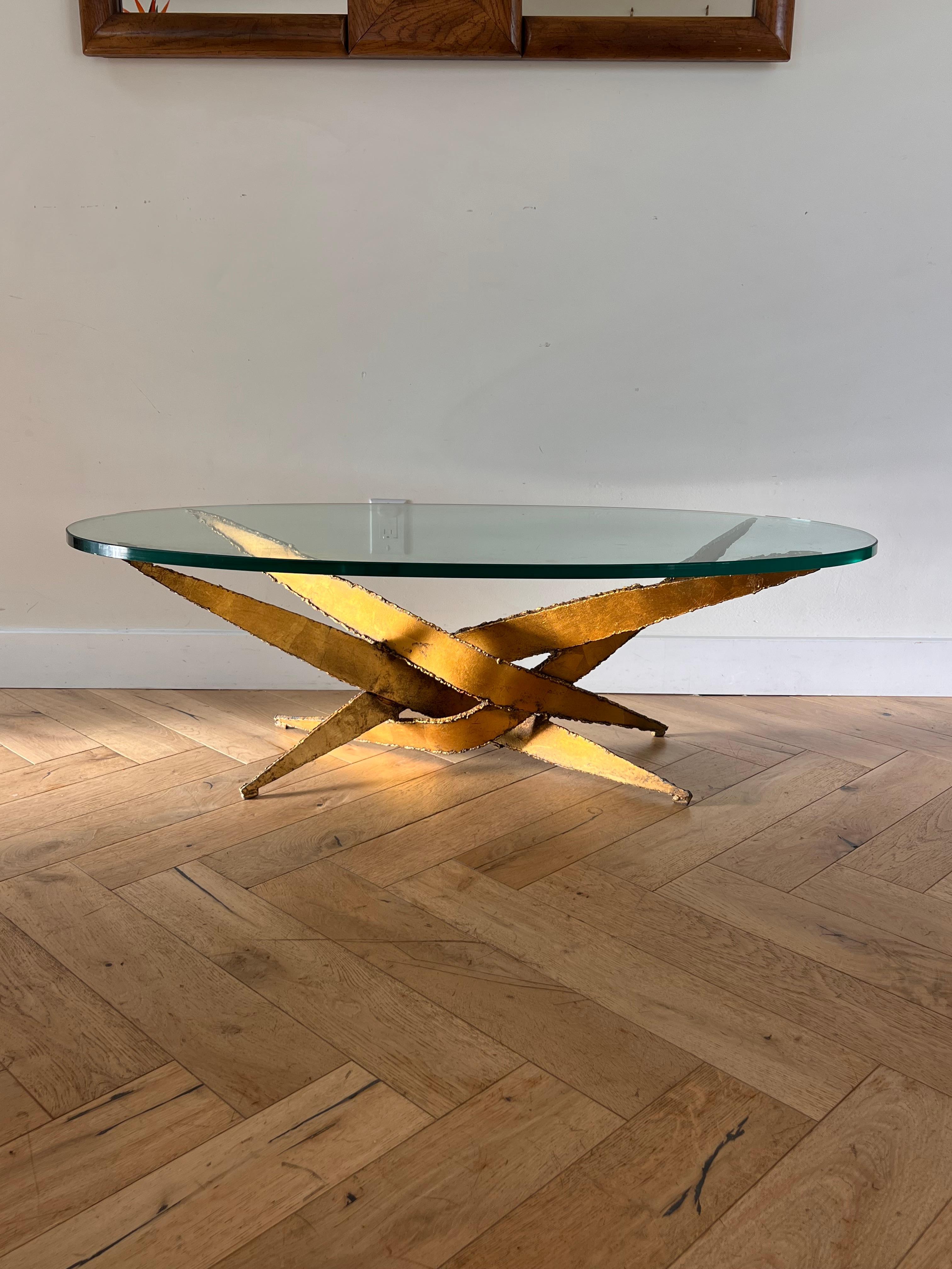 Metal Brutalist torch-cut metal and glass coffee table after Silas Seandel, circa 1970