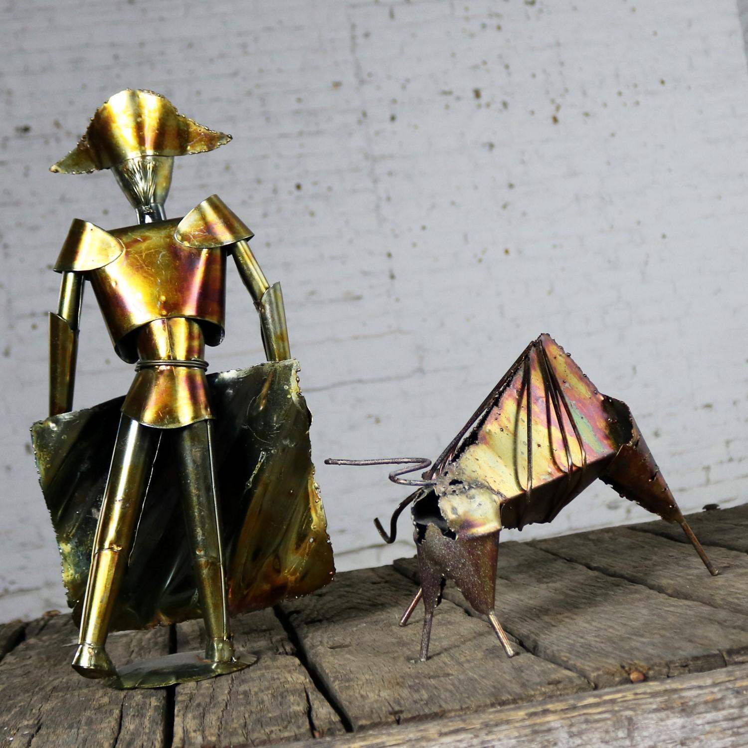 Hong Kong Brutalist Torch Cut Metal Bull and Matador Sculpture, Mid-Century Modern
