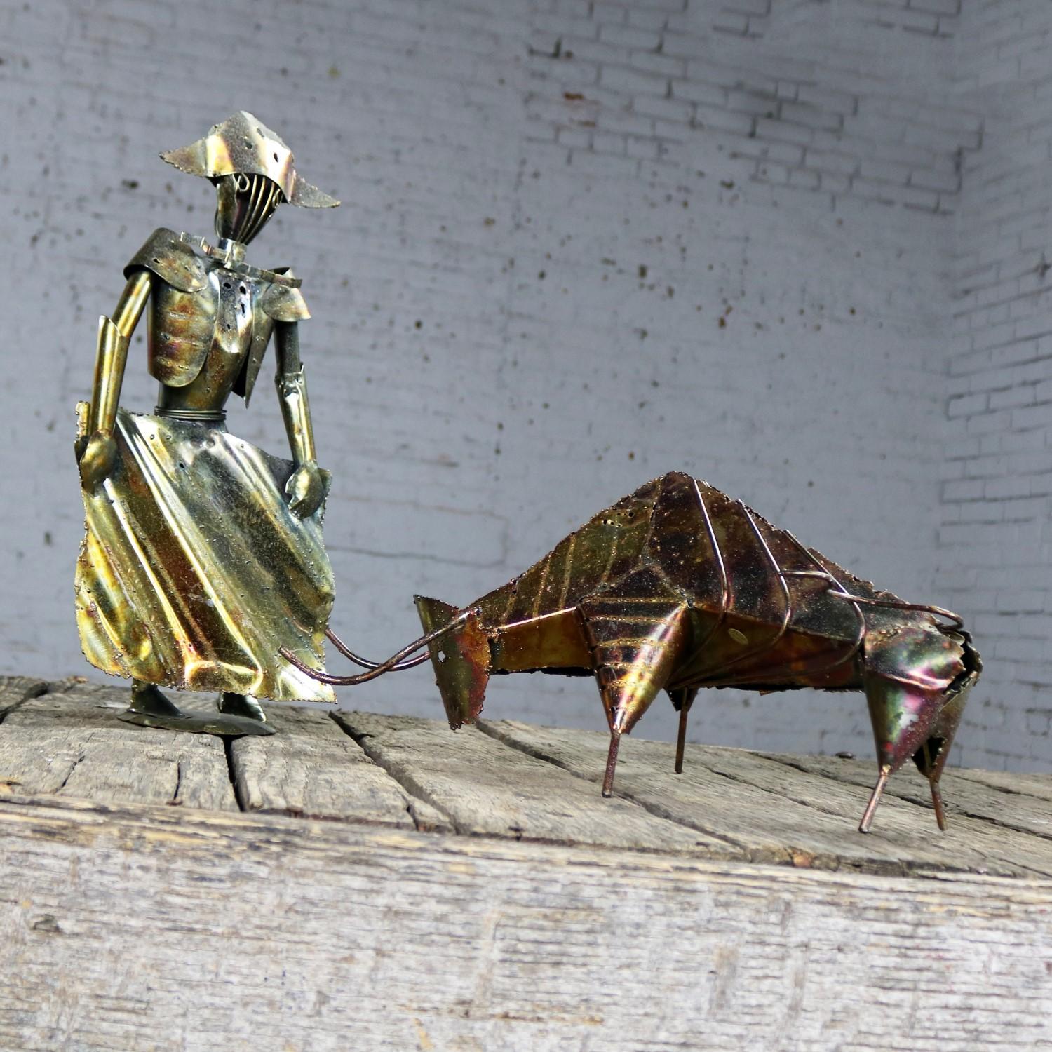 Brutalist Torch Cut Metal Bull and Matador Sculpture, Mid-Century Modern 2
