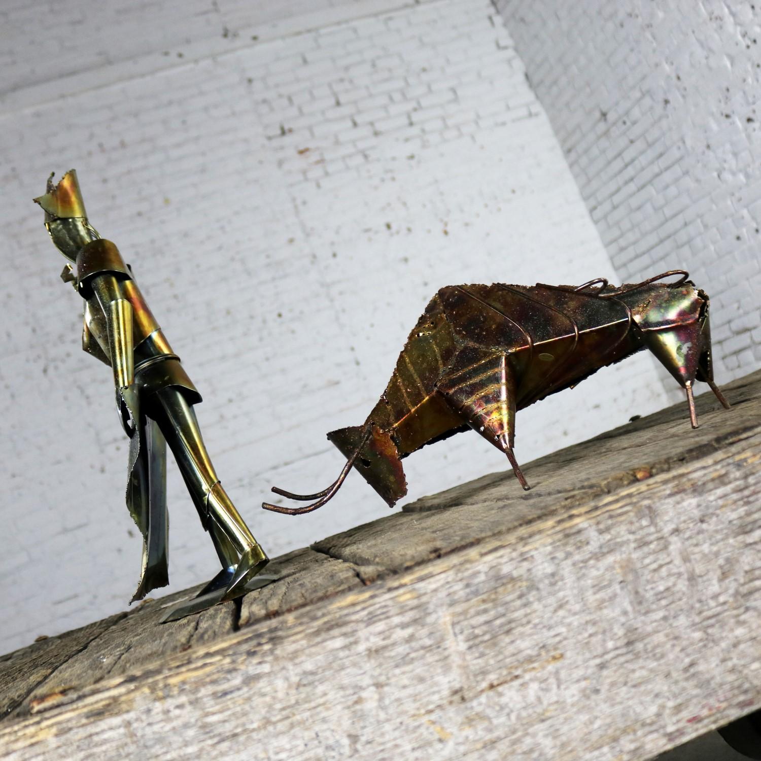 Brutalist Torch Cut Metal Bull and Matador Sculpture, Mid-Century Modern 3
