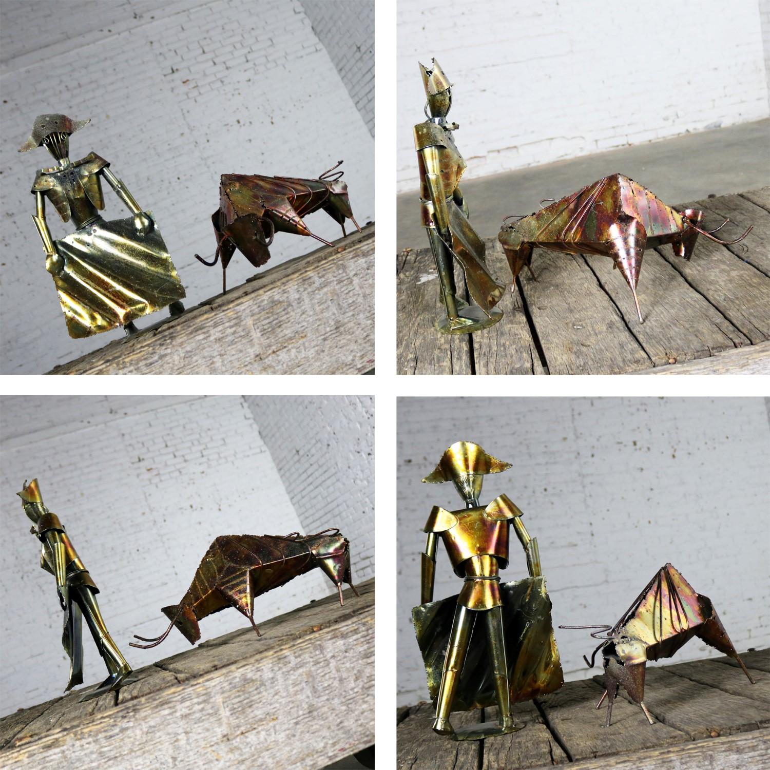 Brutalist Torch Cut Metal Bull and Matador Sculpture, Mid-Century Modern 4