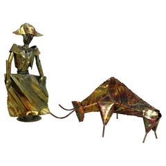Brutalist Torch Cut Metal Bull and Matador Sculpture, Mid-Century Modern