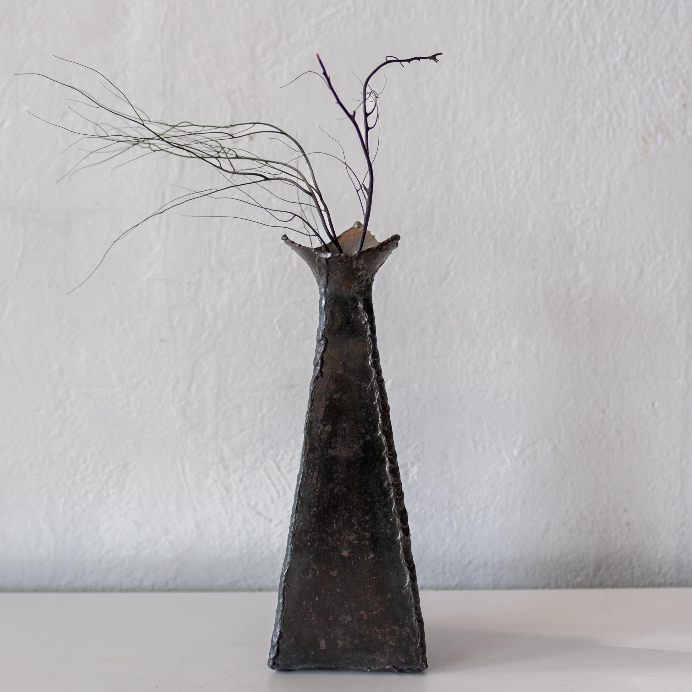 Late 20th Century Brutalist Torch Cut Sculptural Metal Vase in the style of Paul Evans For Sale