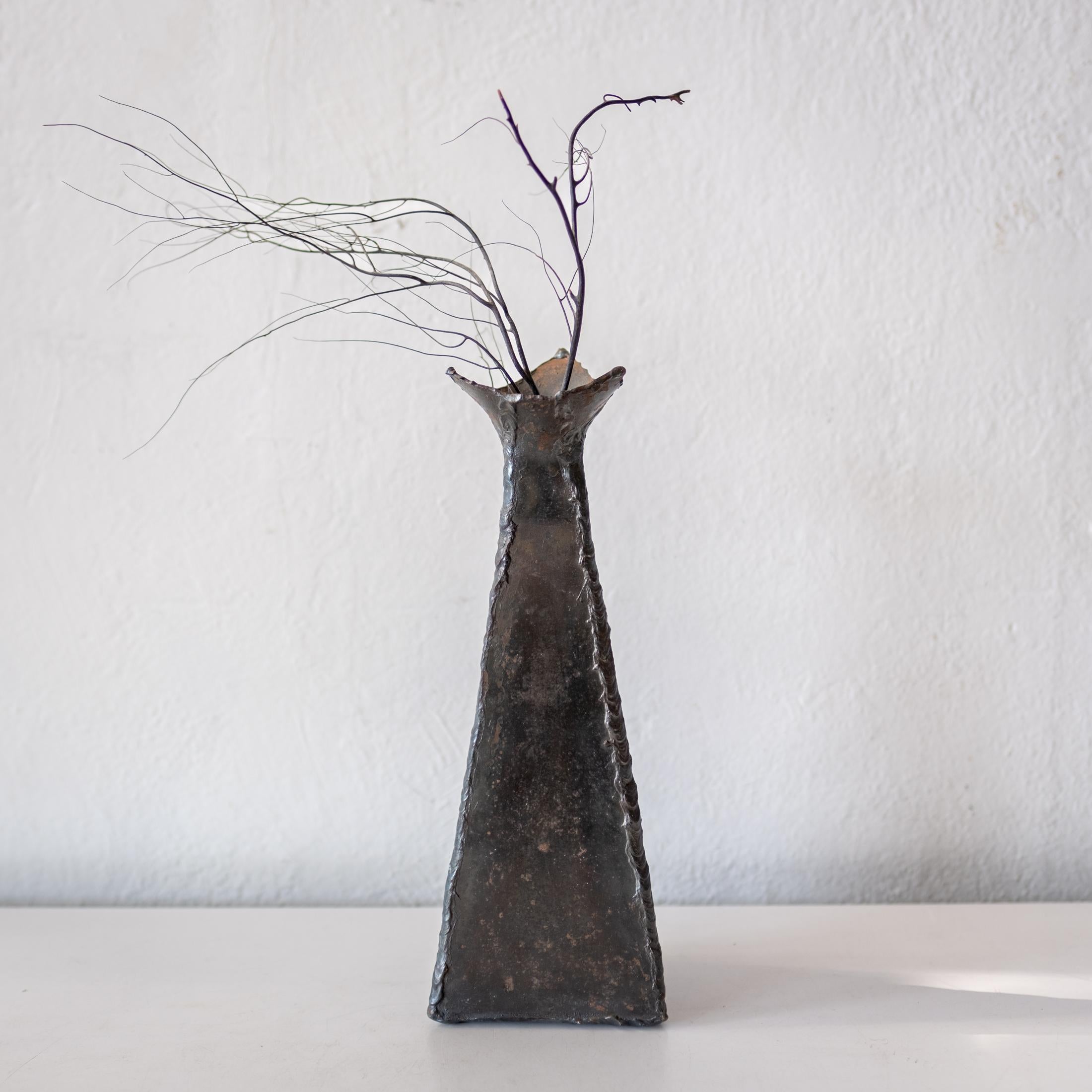 Brutalist Torch Cut Sculptural Metal Vase in the style of Paul Evans For Sale 1