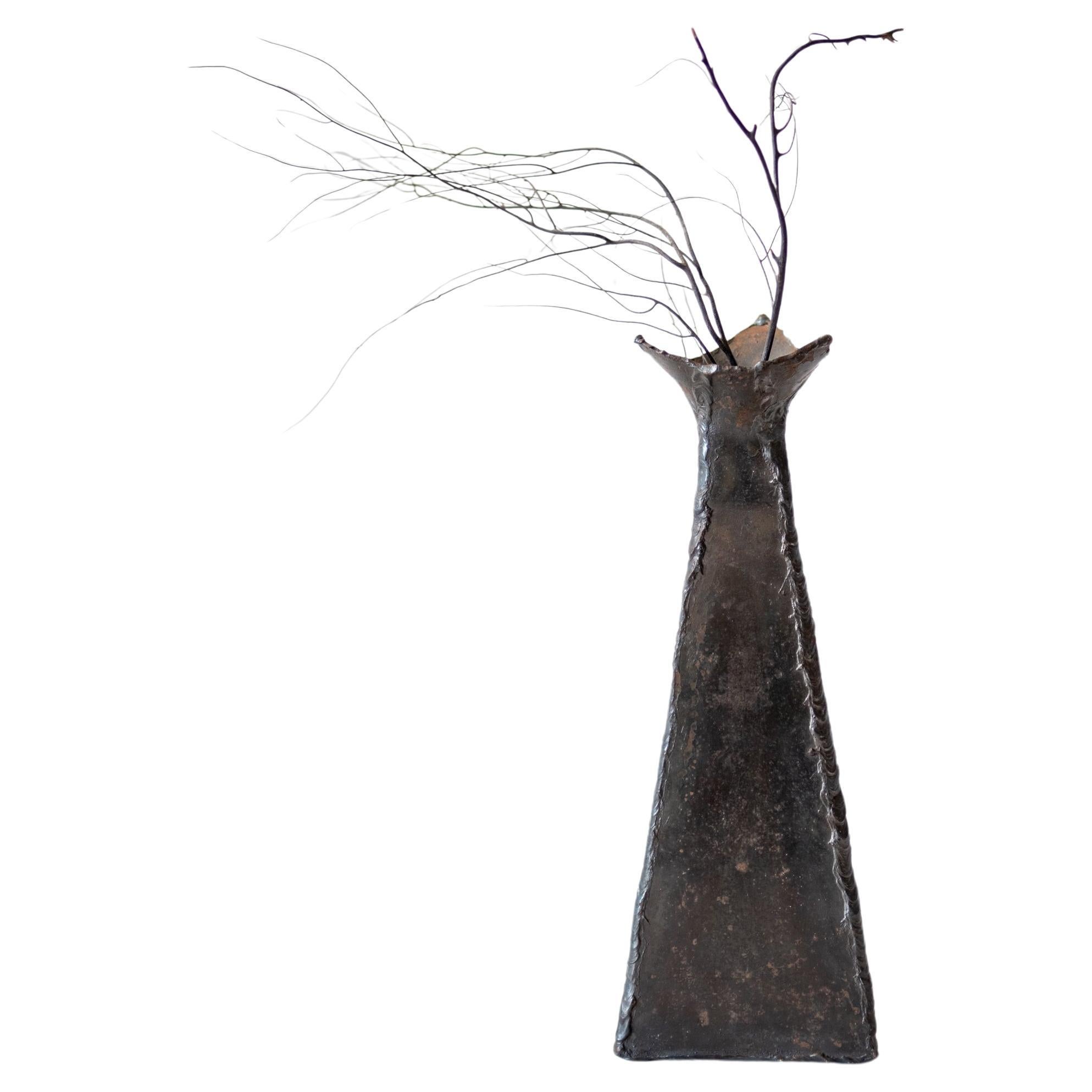 Brutalist Torch Cut Sculptural Metal Vase in the style of Paul Evans