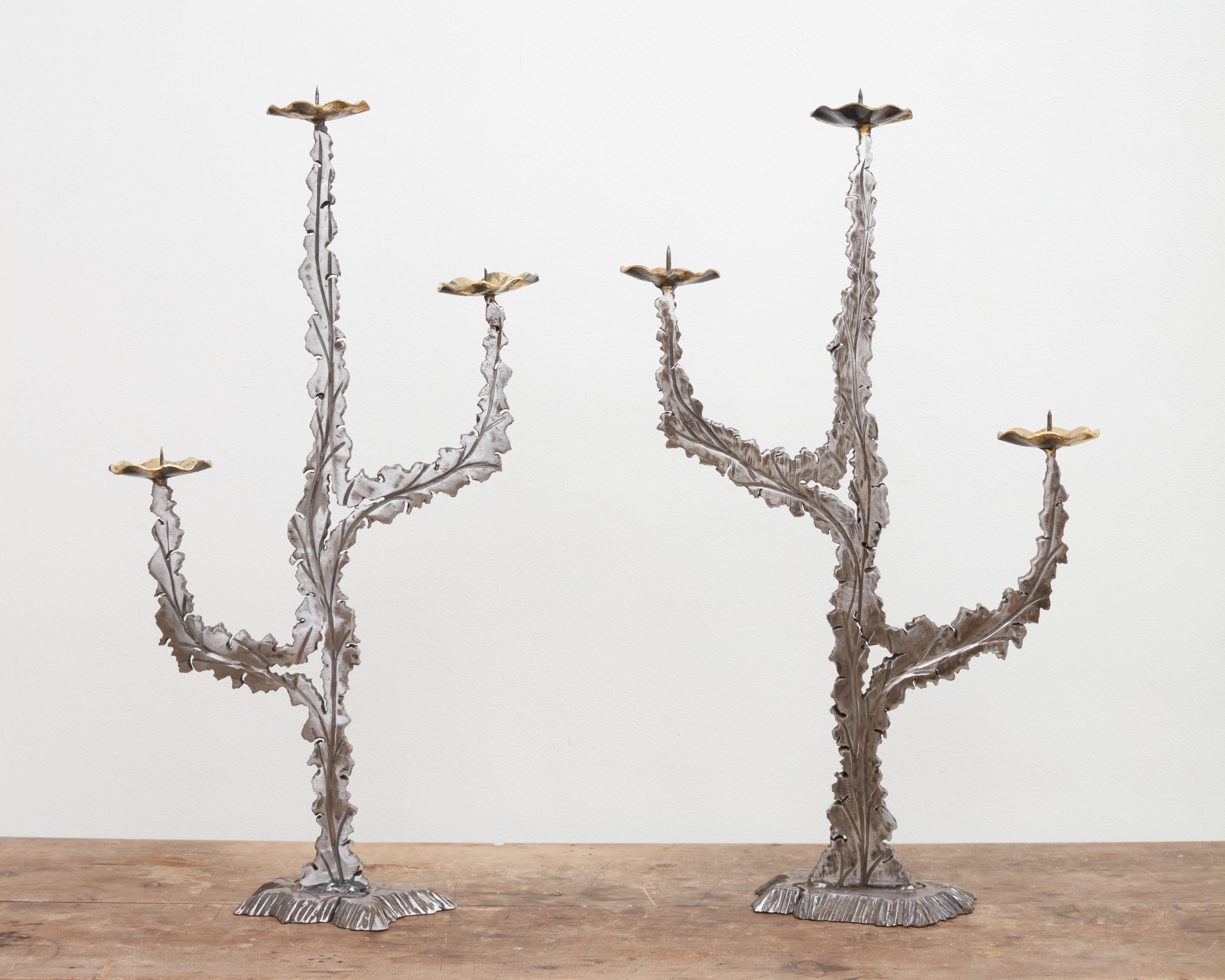 Brutalist Torch Cut Steel + Brass Brutalist Candelabras In Good Condition For Sale In West Hollywood, CA