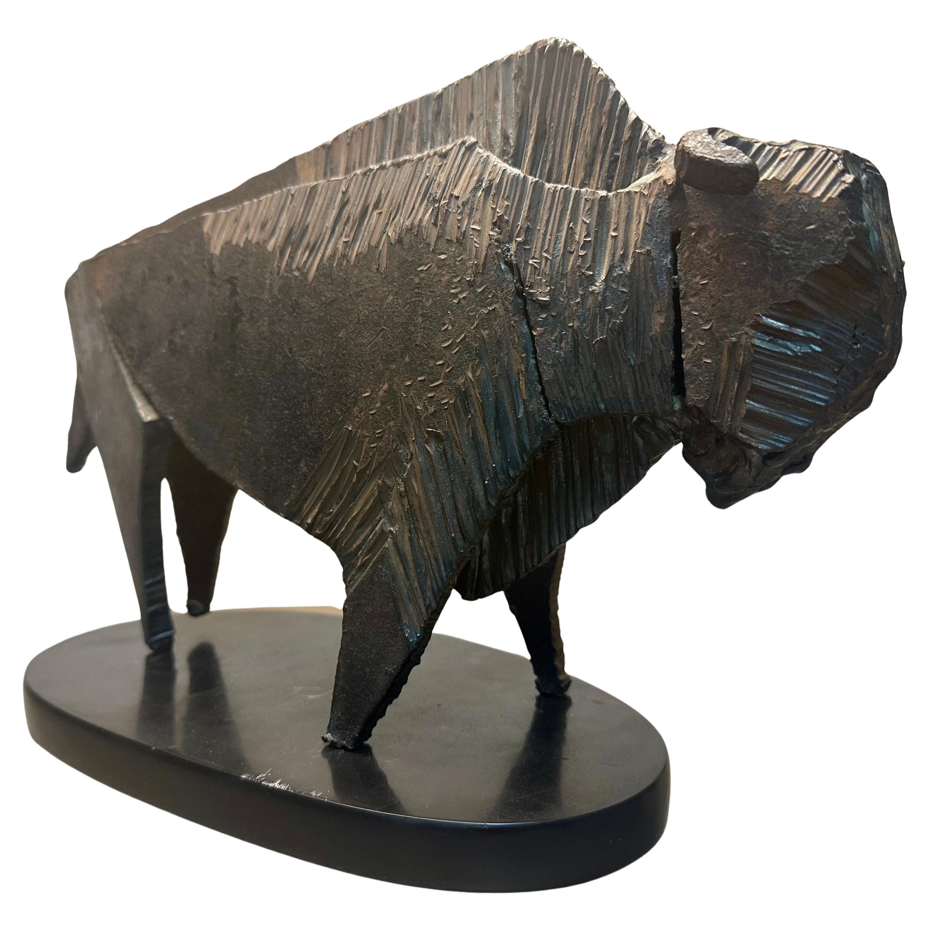 Brutalist Torch-Cut Steel Sculpture "The Buffalo" on Marble Base by Tom Hardy