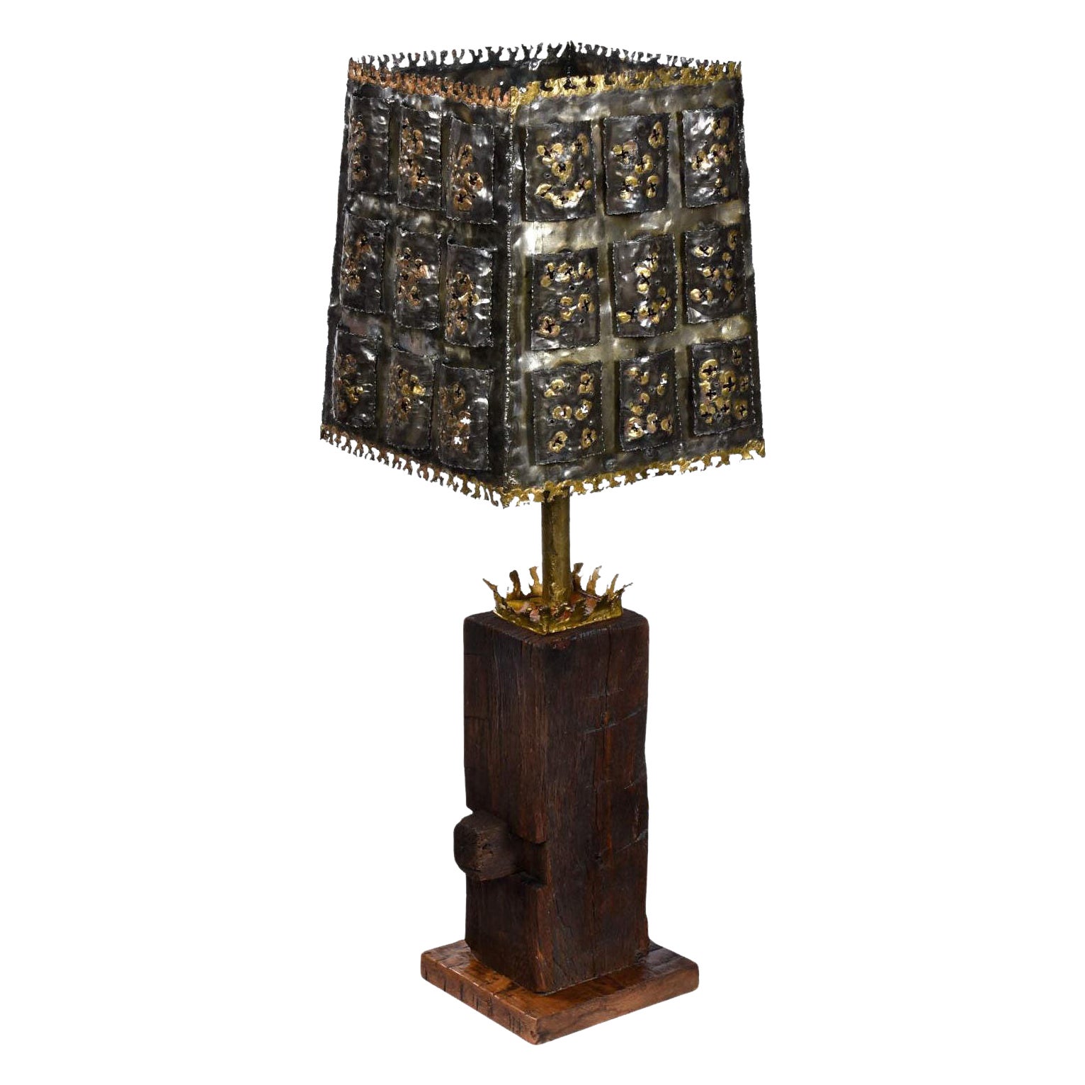 Brutalist Torch Cut Table Lamp with Nakashima Style Wood Base For Sale