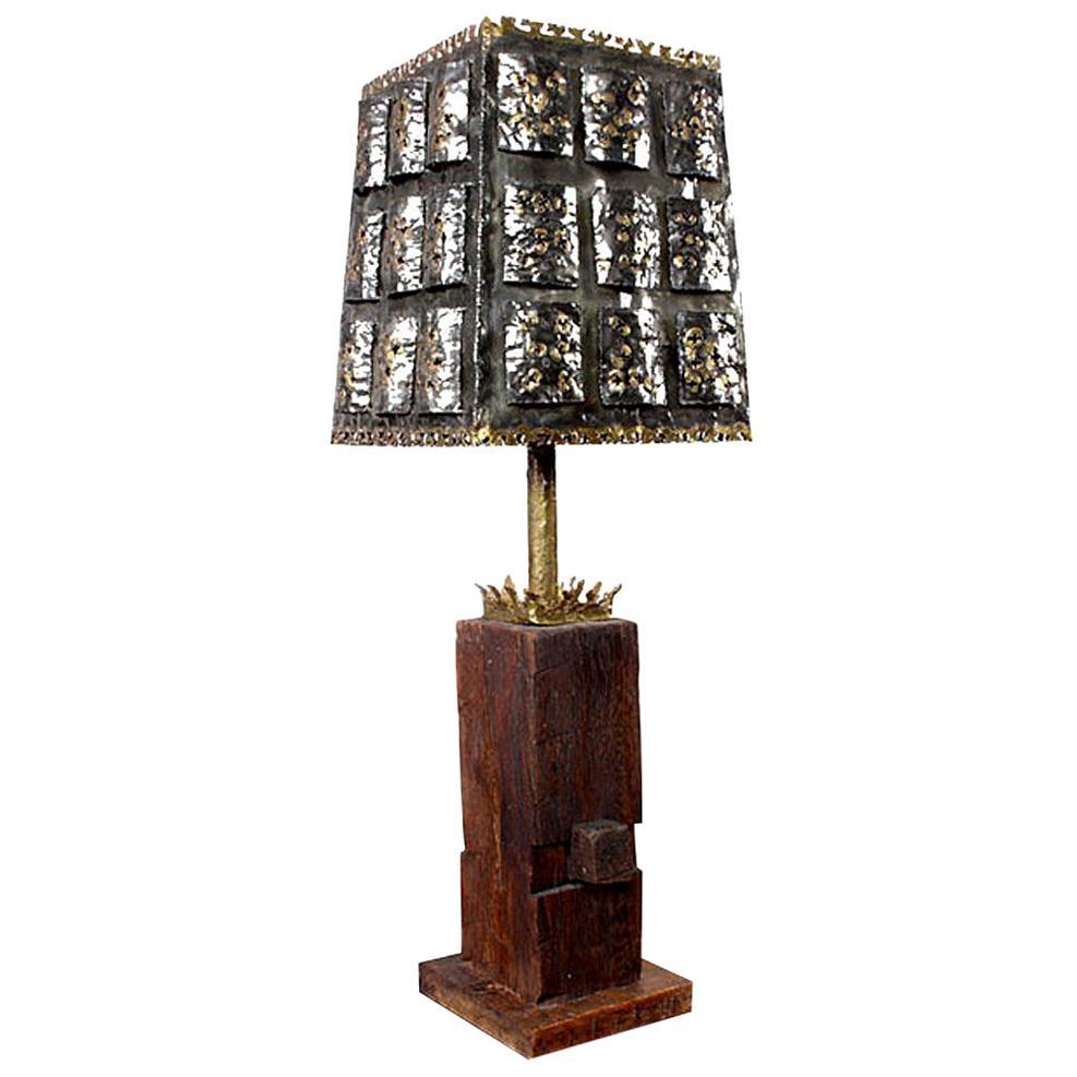 American Brutalist Torch Cut Table Lamp with Nakashima Style Wood Base For Sale