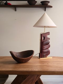 Brutalist Totemic Exotic Wood Sculpture Lamp on Solid Brass Base