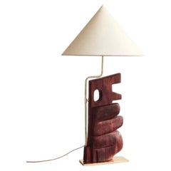 Brutalist Totemic Exotic Wood Sculpture Lamp on Solid Brass Base