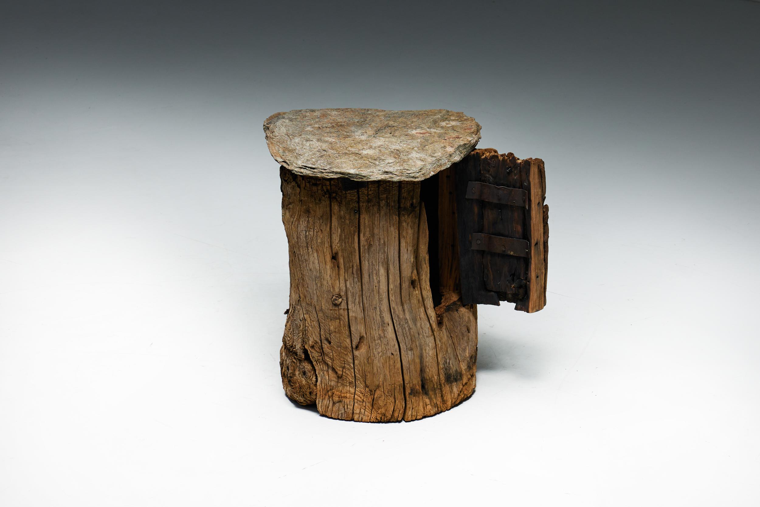 Rustic Brutalist Travail Populaire Side Table and Cabinet, France, Early 20th Century For Sale