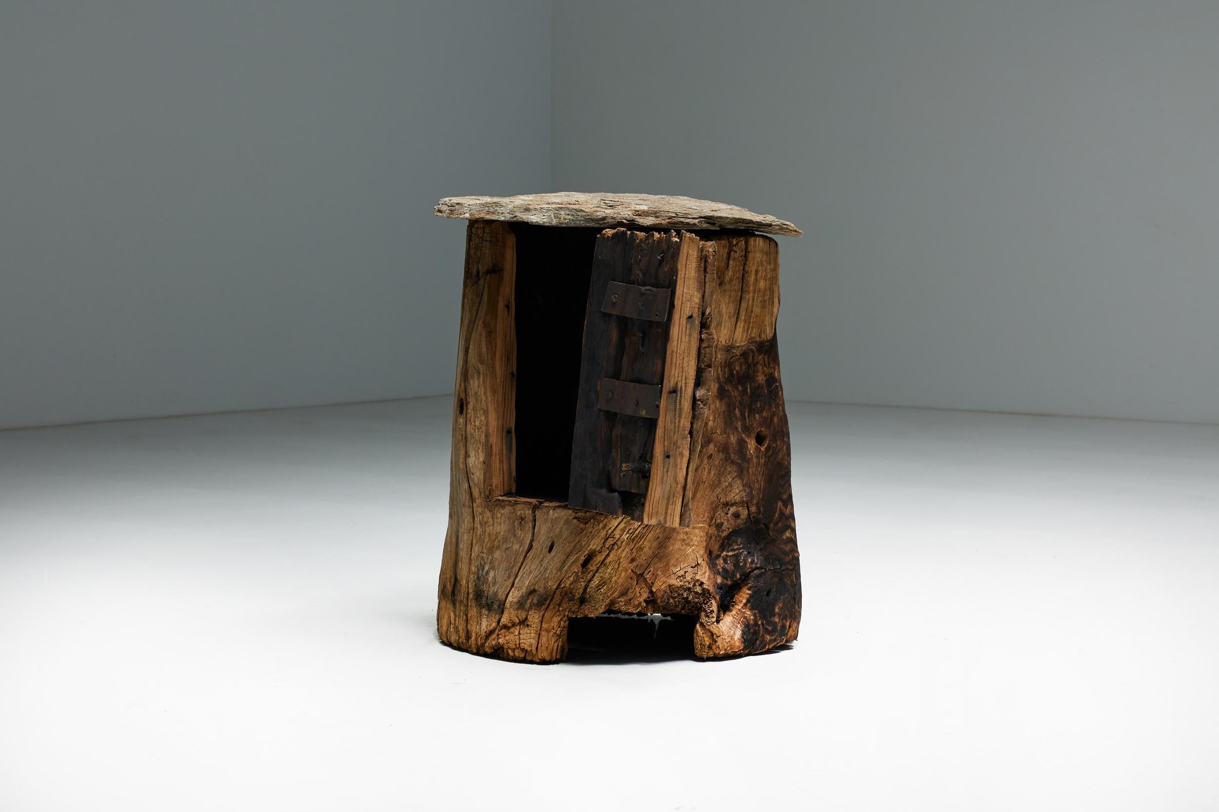 French Brutalist Travail Populaire Side Table and Cabinet, France, Early 20th Century For Sale