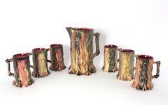Brutalist Tree Trunk Ceramic Pitcher and Set of Six Drinking Cups, circa 1950