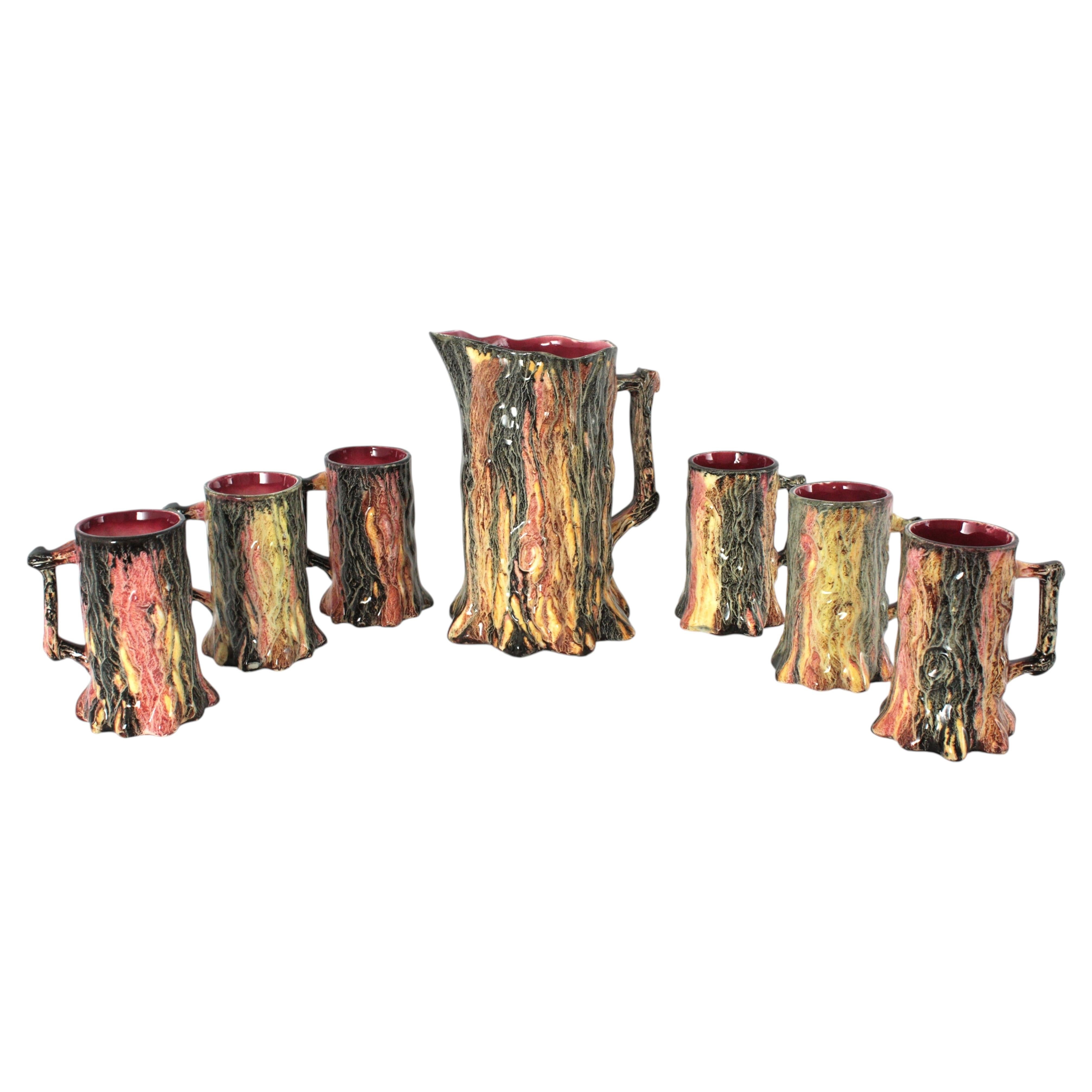 Brutalist Tree Trunk Ceramic Pitcher and Set of Six Drinking Cups, circa 1950