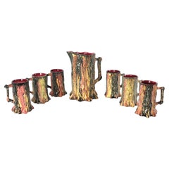 Brutalist Tree Trunk Ceramic Pitcher and Set of Six Drinking Cups, circa 1950