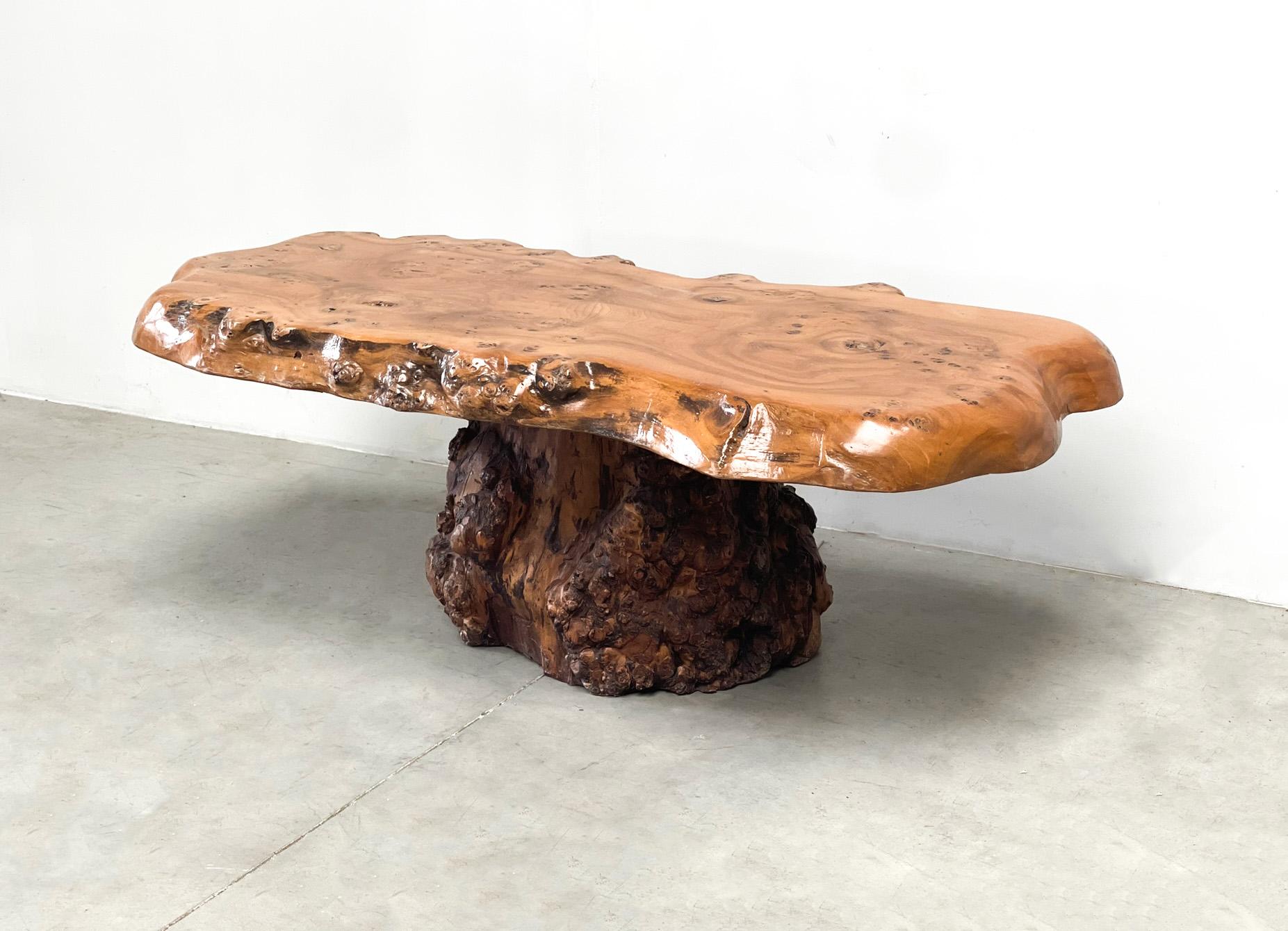 Wood Brutalist tree trunk coffee table For Sale