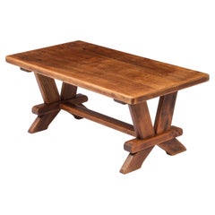 Brutalist Trestle Elm Table, France 1950
s