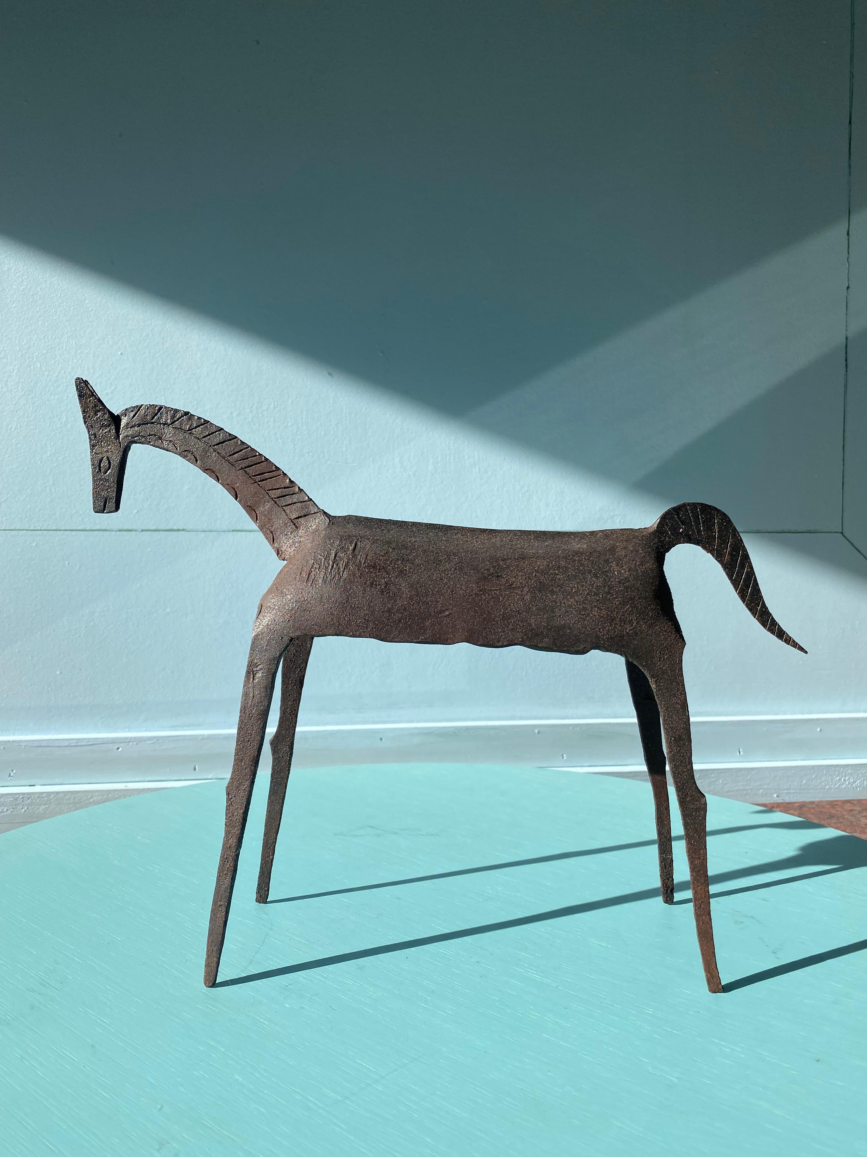 Brutalist Tribal Folk Wrought Iron Horse Figure 1950s Head Bowed For Sale 9