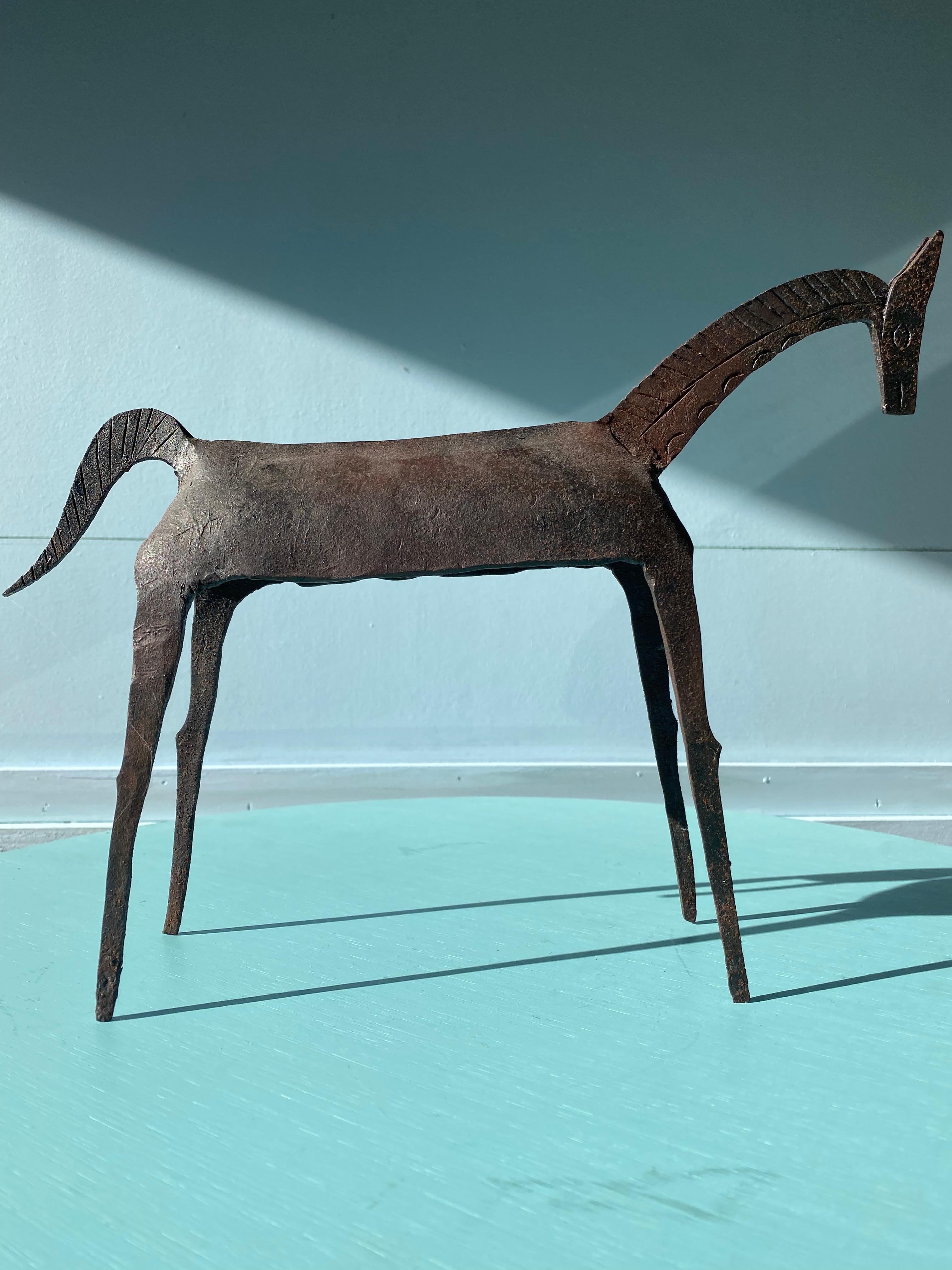 Indian Brutalist Tribal Folk Wrought Iron Horse Figure 1950s Head Bowed For Sale