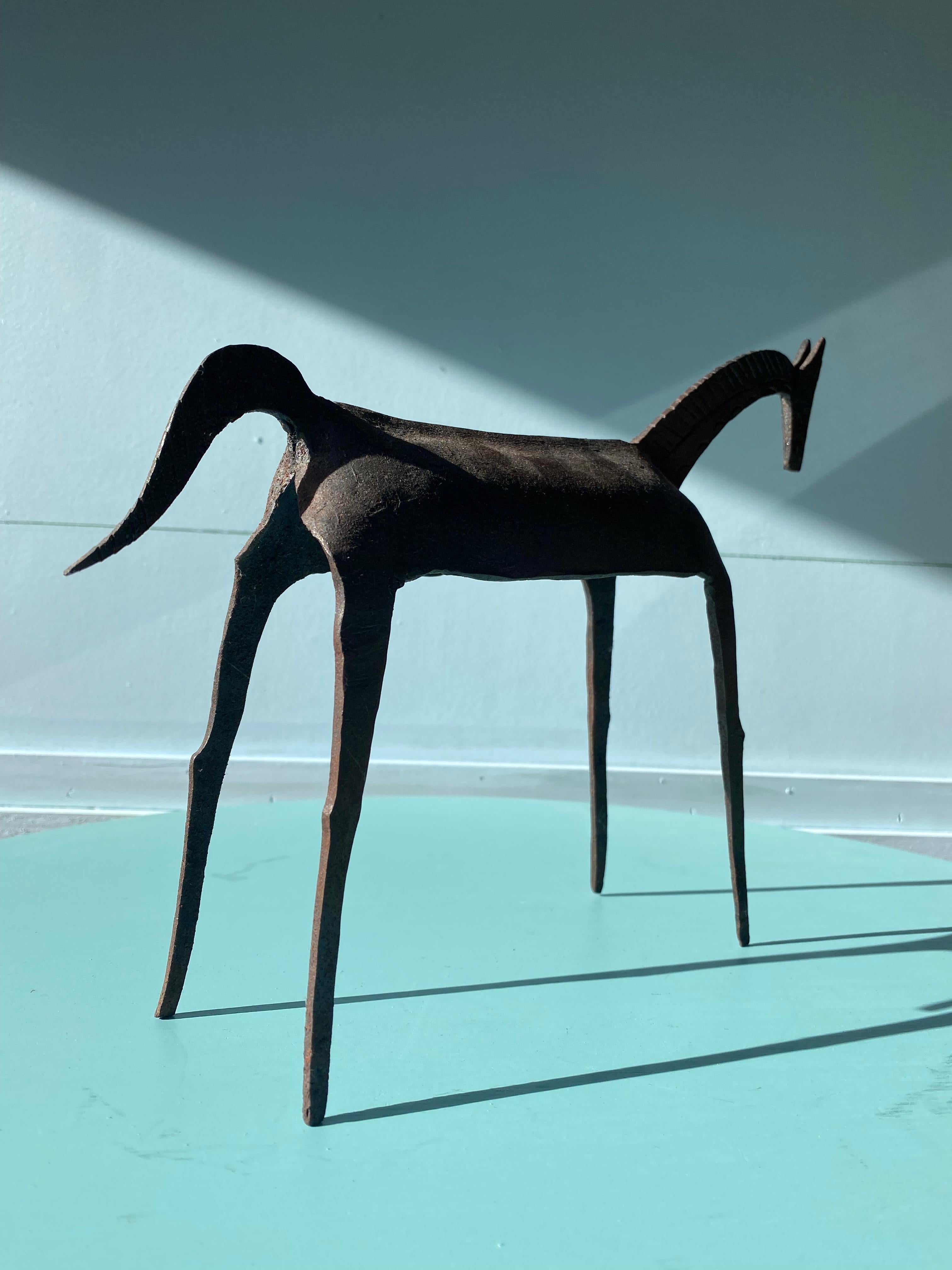 Hammered Brutalist Tribal Folk Wrought Iron Horse Figure 1950s Head Bowed For Sale