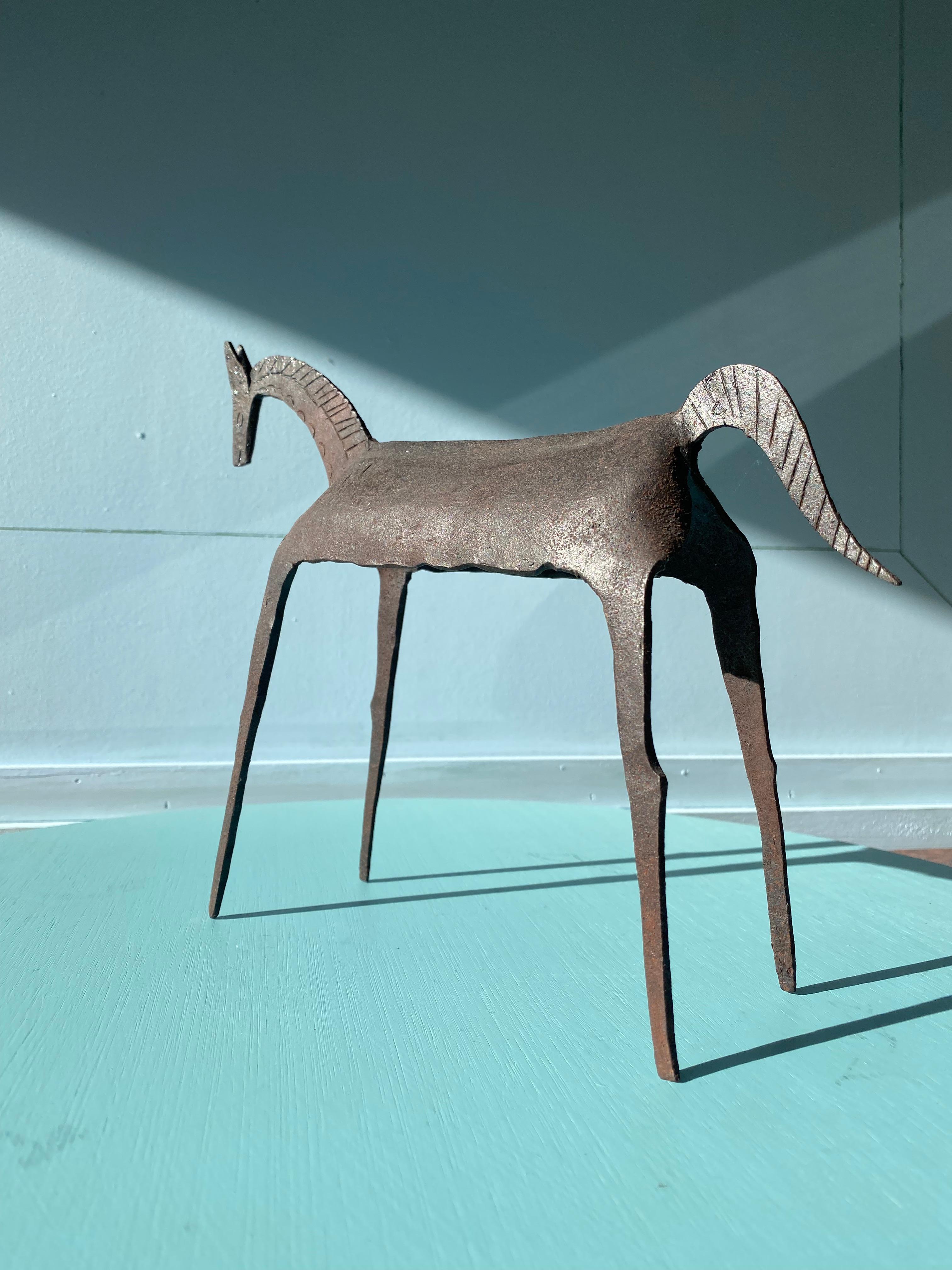 20th Century Brutalist Tribal Folk Wrought Iron Horse Figure 1950s Head Bowed For Sale
