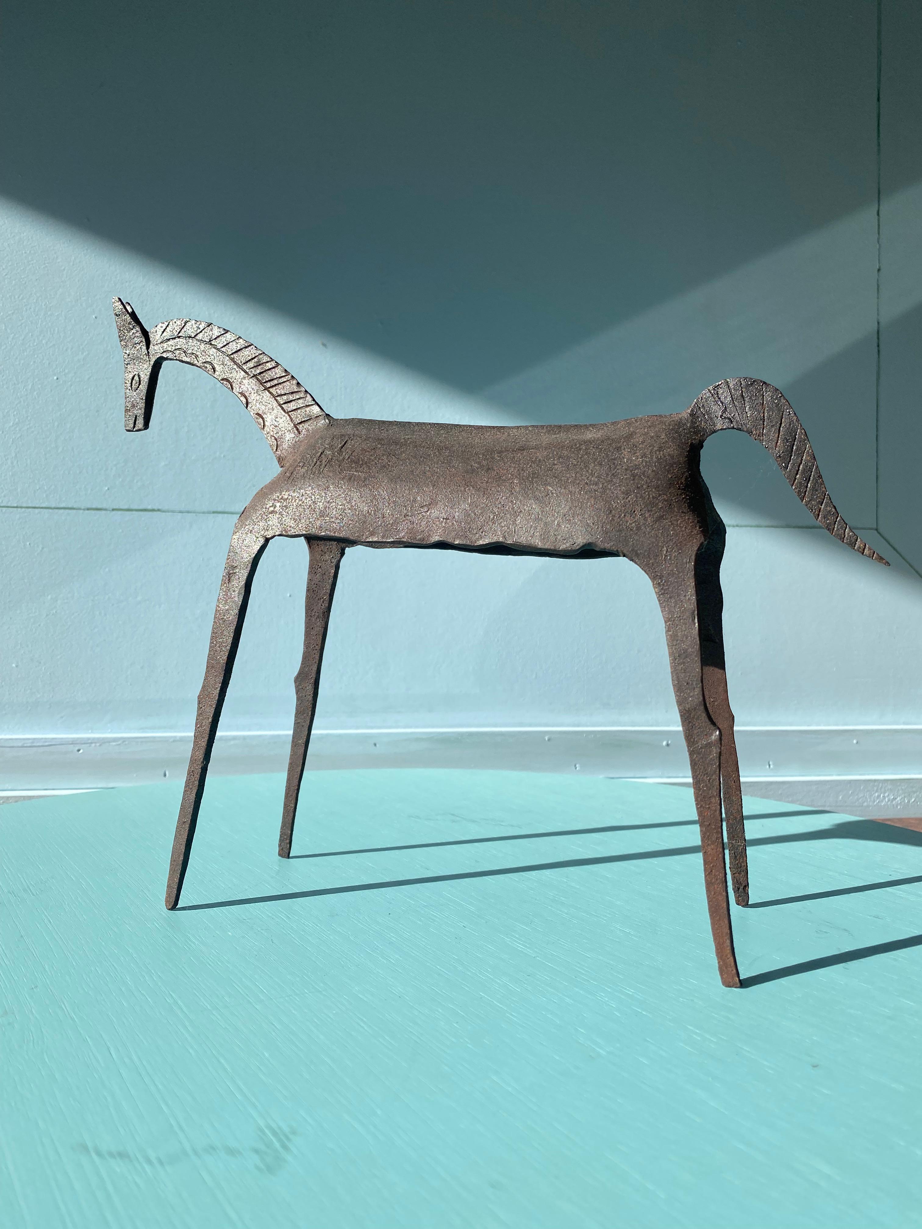 Brutalist Tribal Folk Wrought Iron Horse Figure 1950s Head Bowed For Sale 1