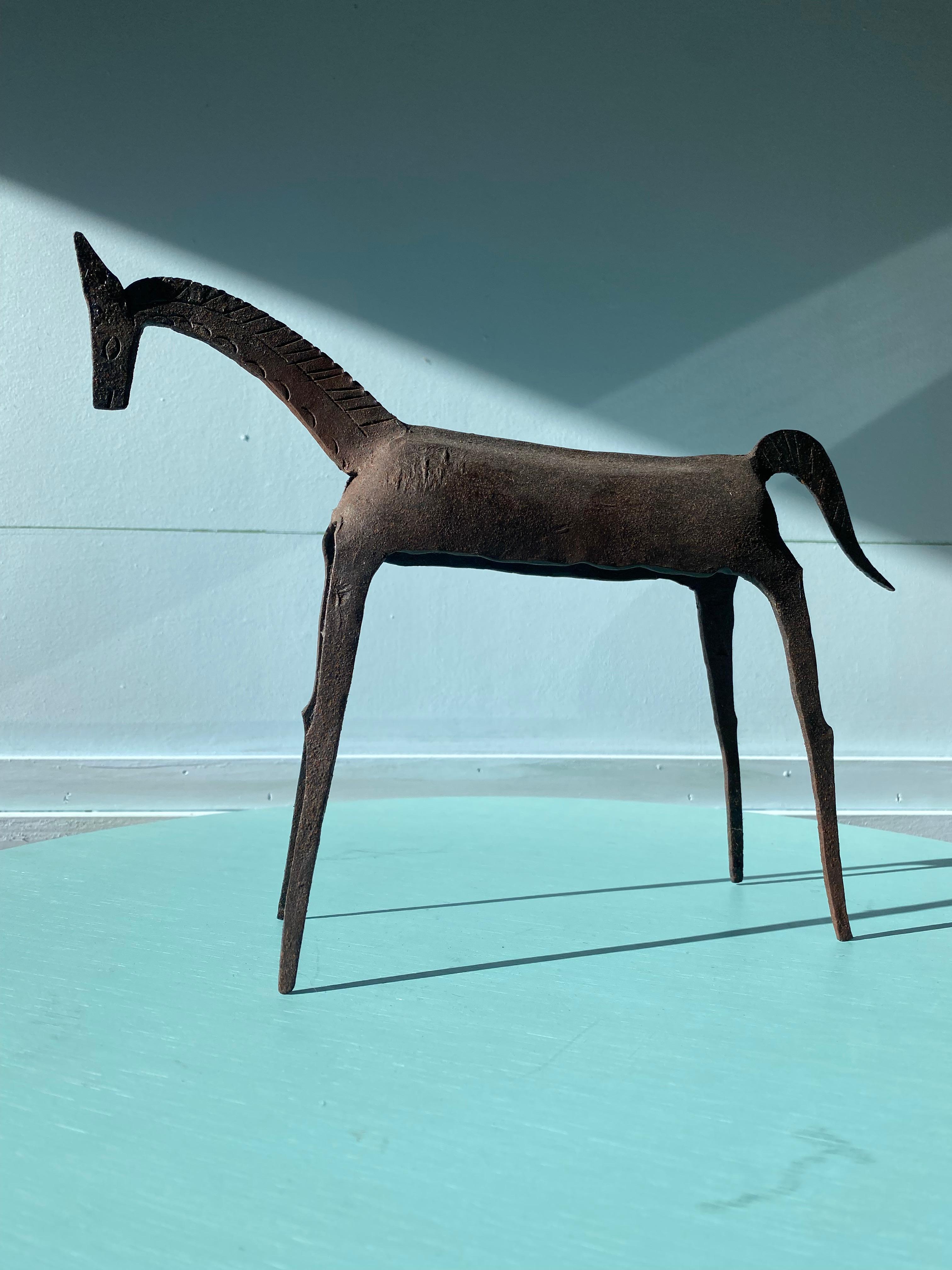 Brutalist Tribal Folk Wrought Iron Horse Figure 1950s Head Bowed For Sale 2