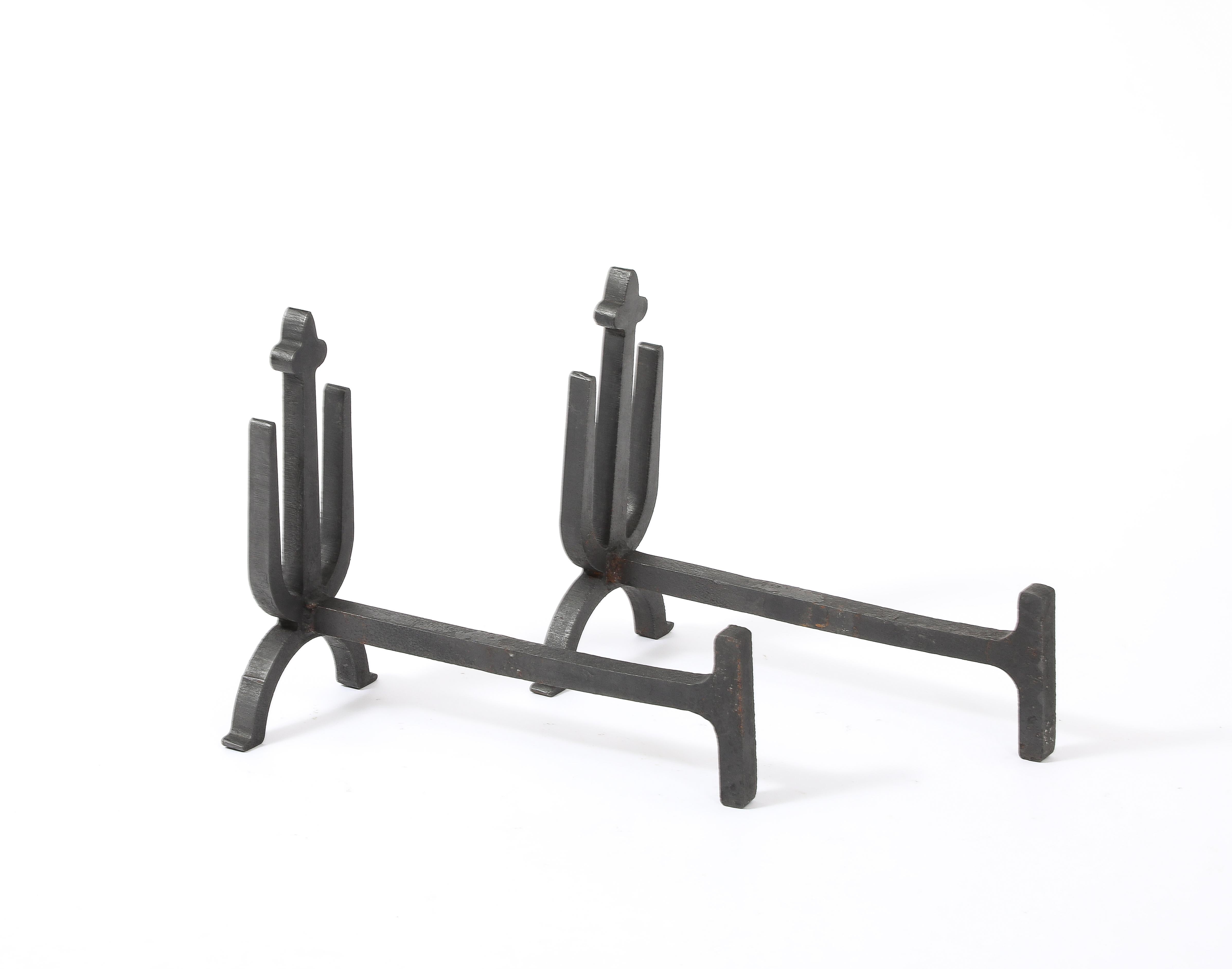 Français Andirons Brutalist Trident, France 1960's en vente