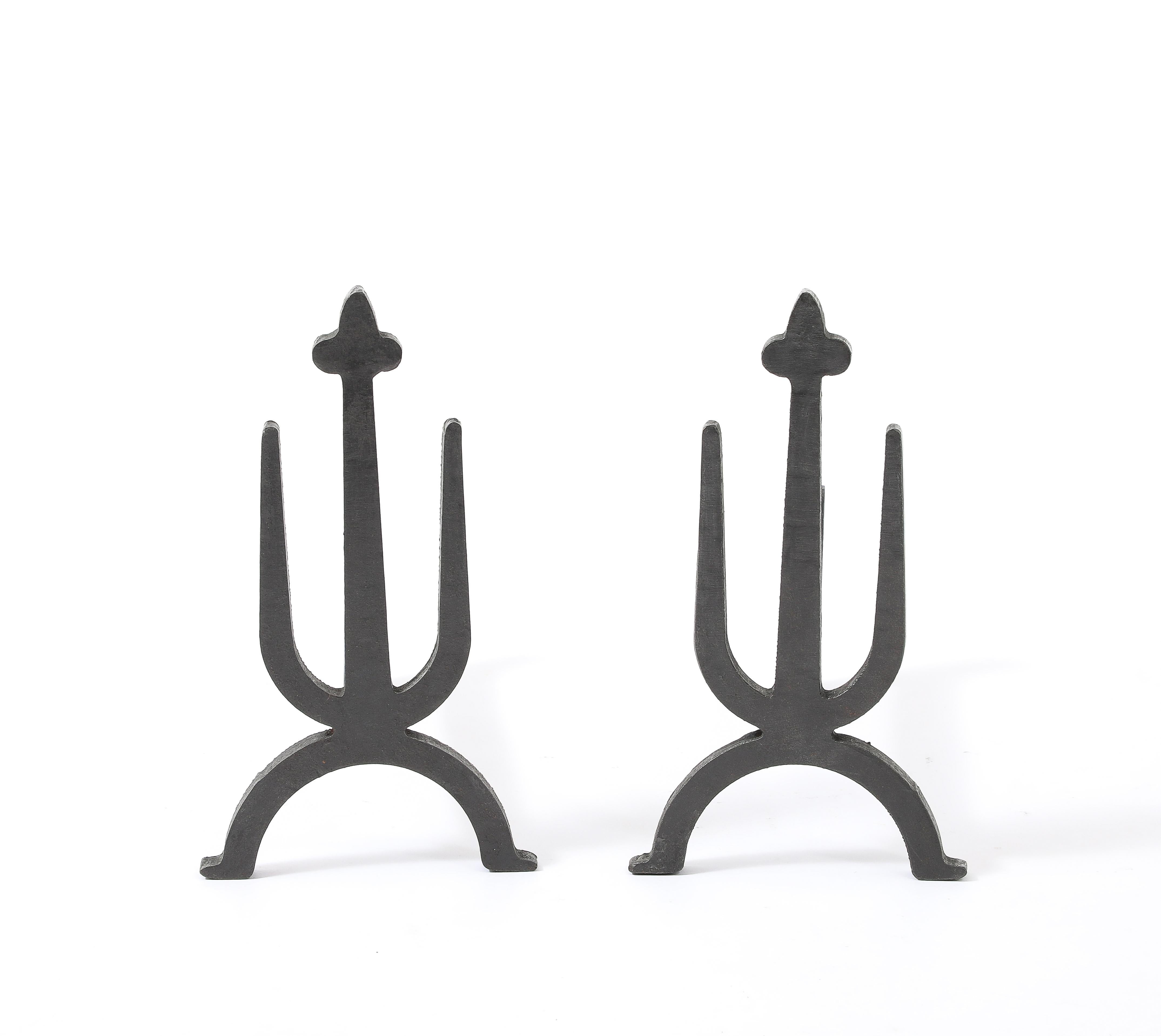 Fer forgé Andirons Brutalist Trident, France 1960's en vente