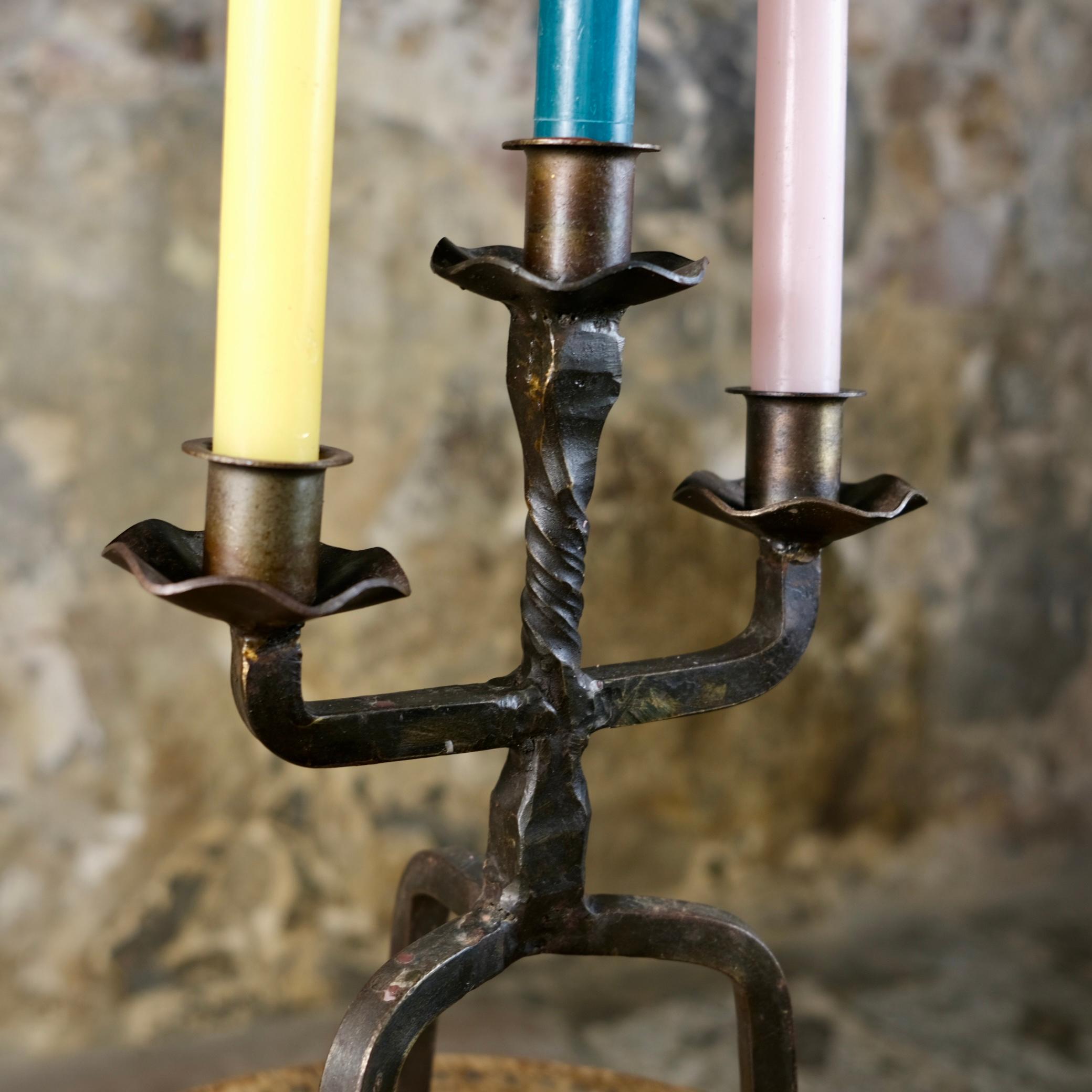 Brutalist tripod candlestick in wrought iron, France, 1950s 11
