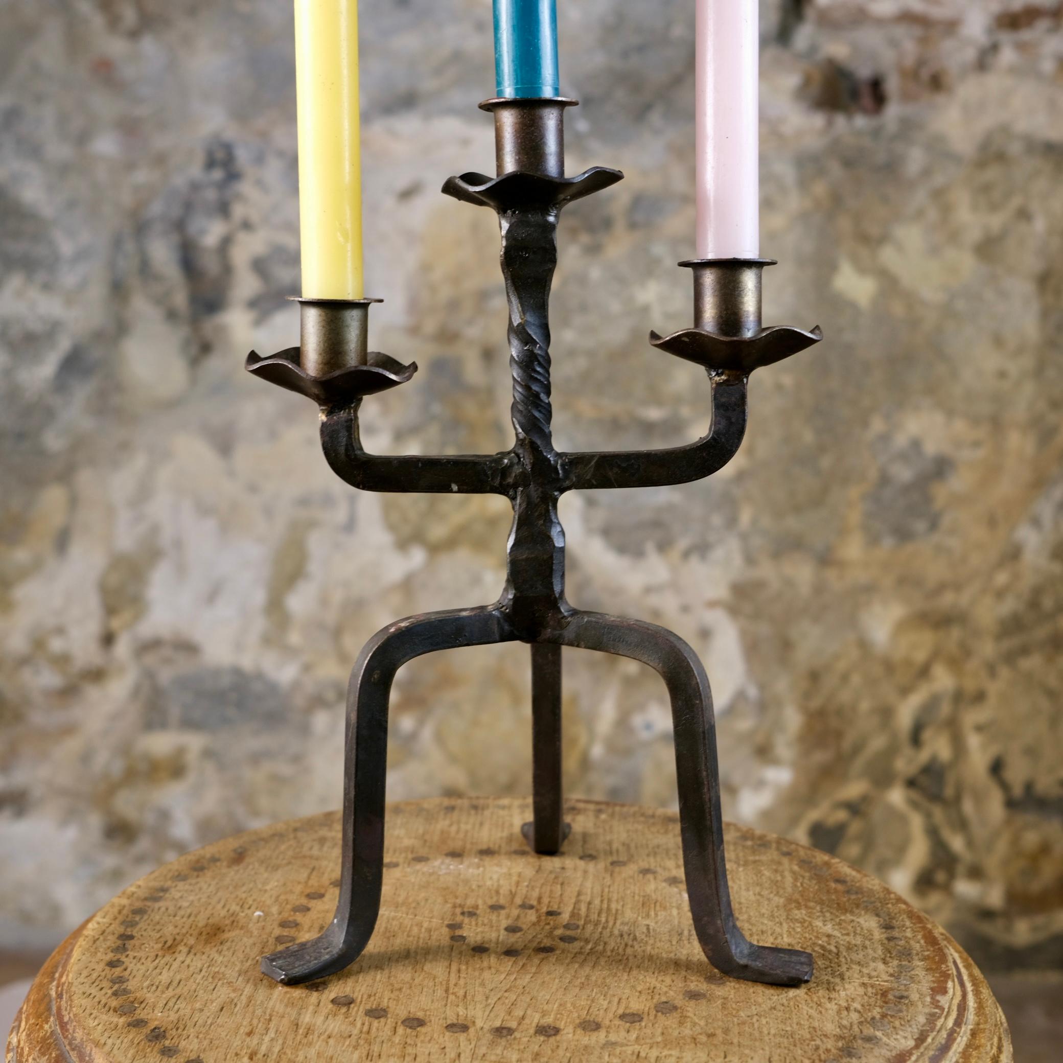 Brutalist tripod candlestick in wrought iron, France, 1950s 1
