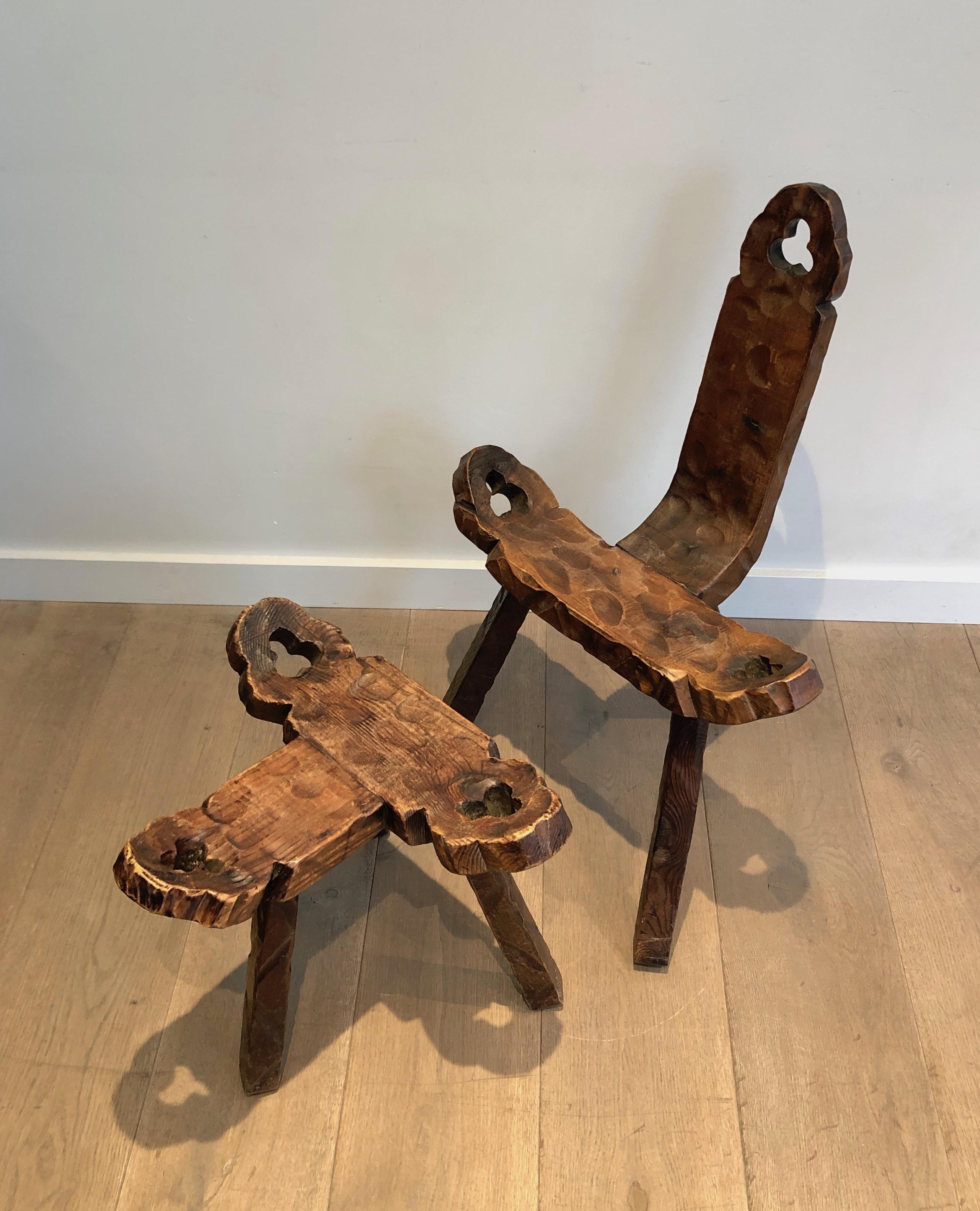 Brutalist Tripod Low Chair and Ottoman, French Work, circa 1950 7