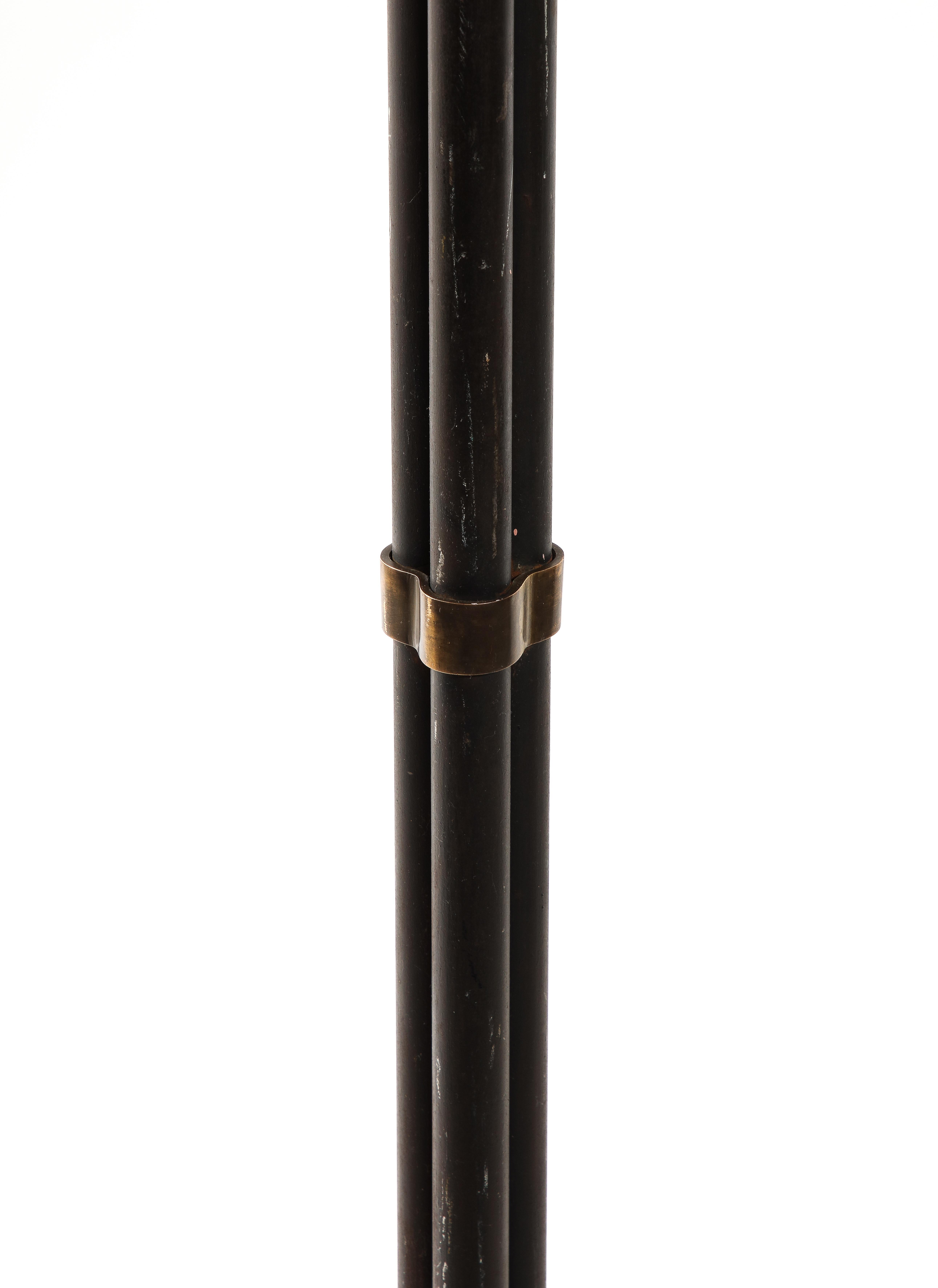 Late 20th Century Brutalist Tripod Steel Tube Floor Lamp with Brass Details - France 1970's For Sale