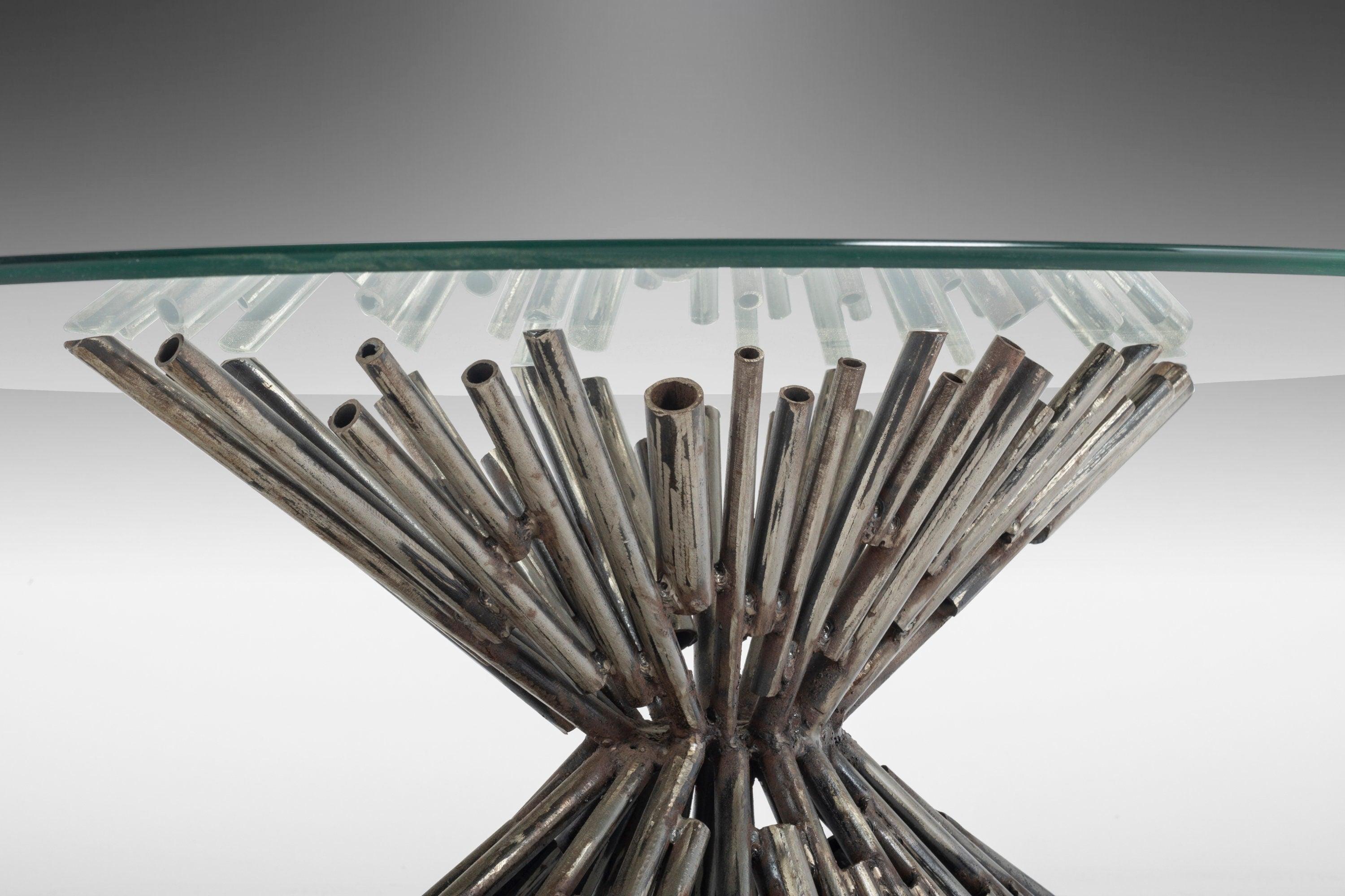 American Brutalist Tubular Steel Coffee Table with a Glass Top by Silas Seandel, c. 1970 For Sale