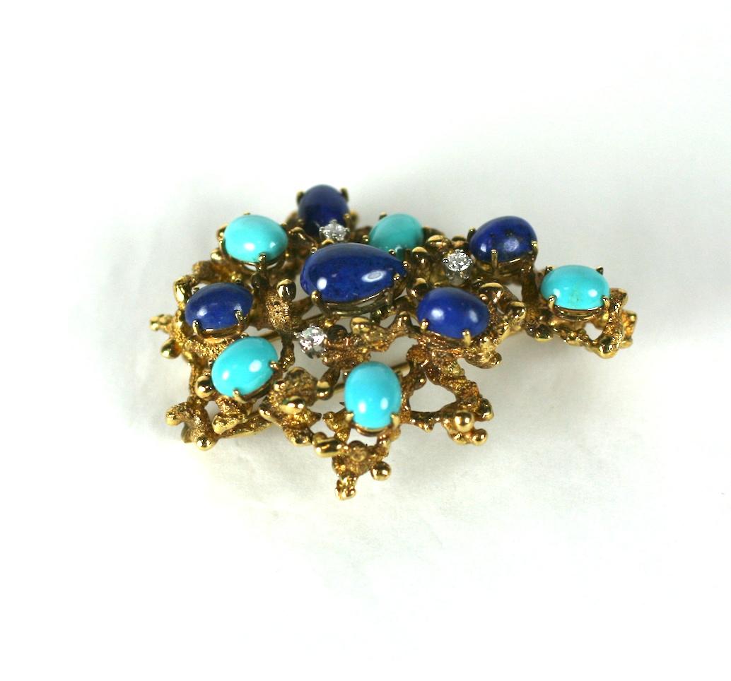 Brutalist Turquoise, Lapis and Diamond Brooch In Excellent Condition In Riverdale, NY