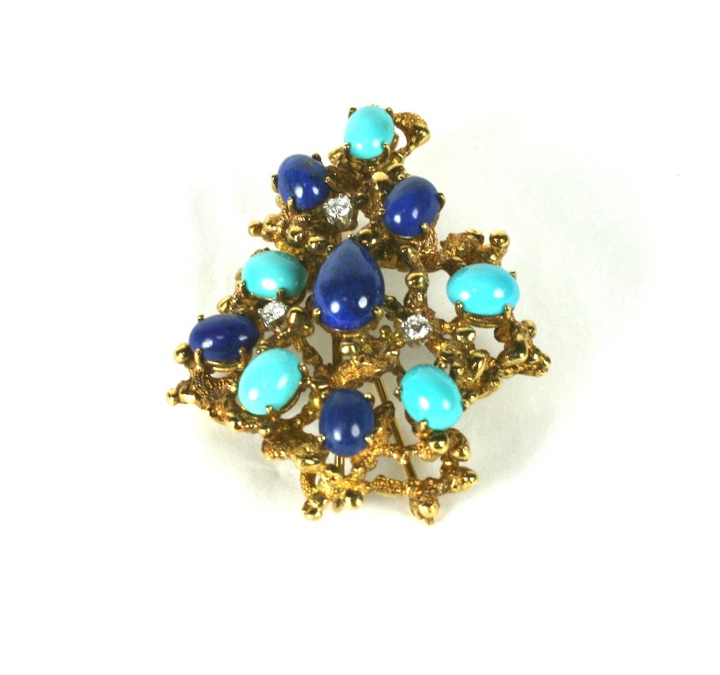 Women's Brutalist Turquoise, Lapis and Diamond Brooch