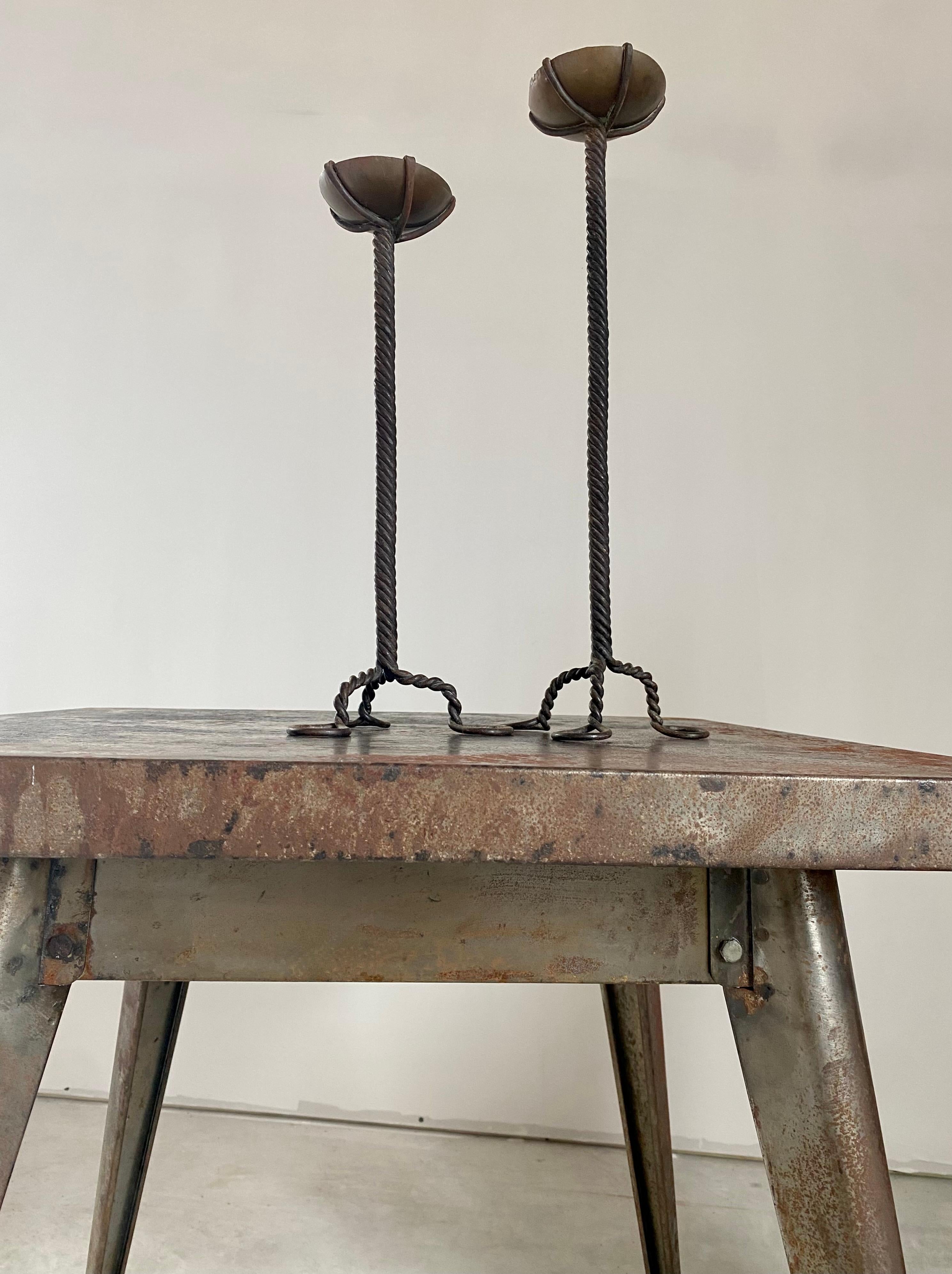 American Brutalist Twisted Brass Candle Holders, A Pair For Sale